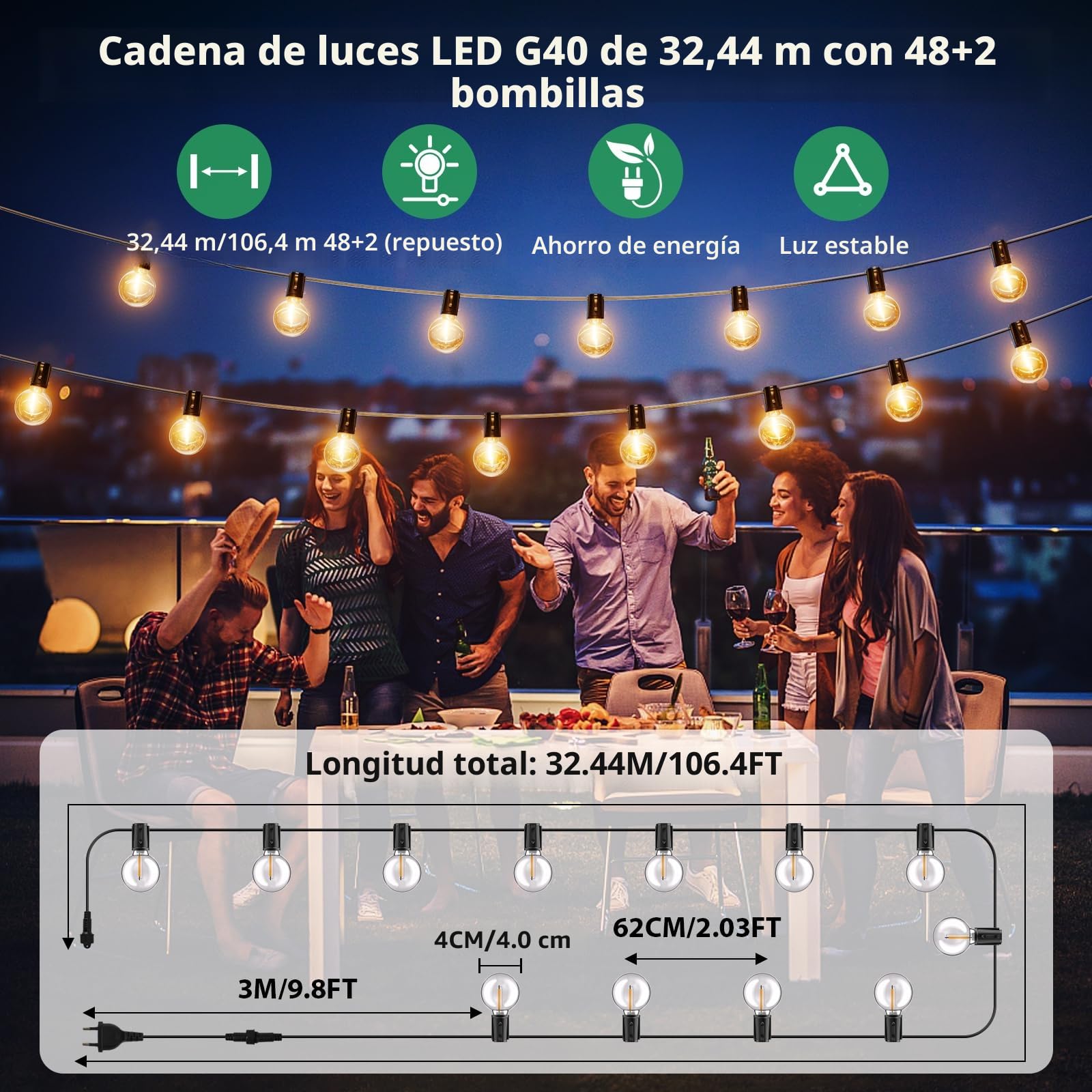 Guirnaldas Luces Exterior G40 32,44 M/106,4 FT Blanco Cálido 2700 K | Guirnaldas Luces Exterior Enchufables LED con 48+2 Bombillas, Impermeable, Estable, Adecuada para Jardín Patio Cafe Boda Fies