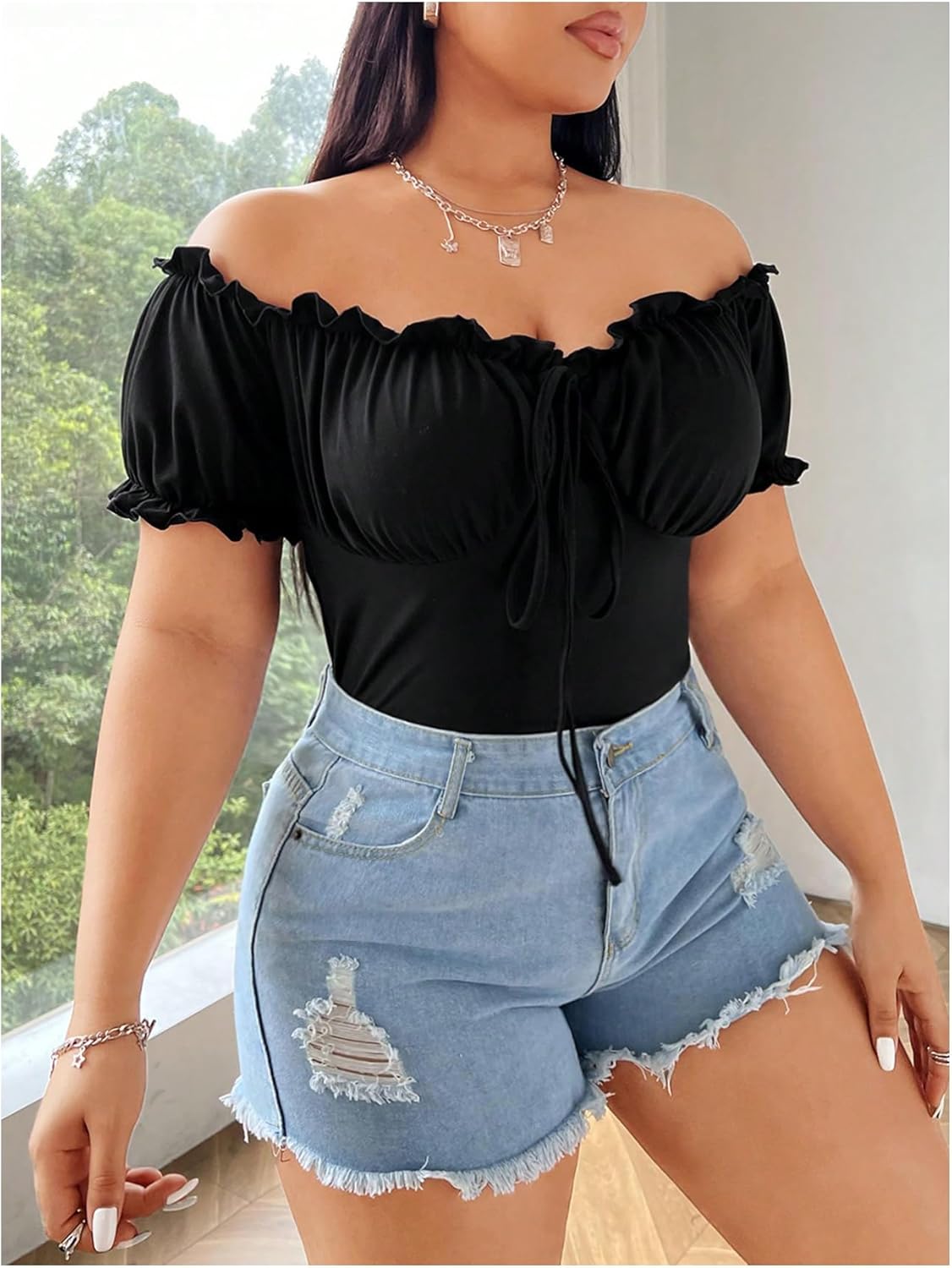 WDIRARA Women's Plus Size Off The Shoulder T Shirt Tie Front Puff Sleeve Tee Ruched Going Out Tops - Image 4