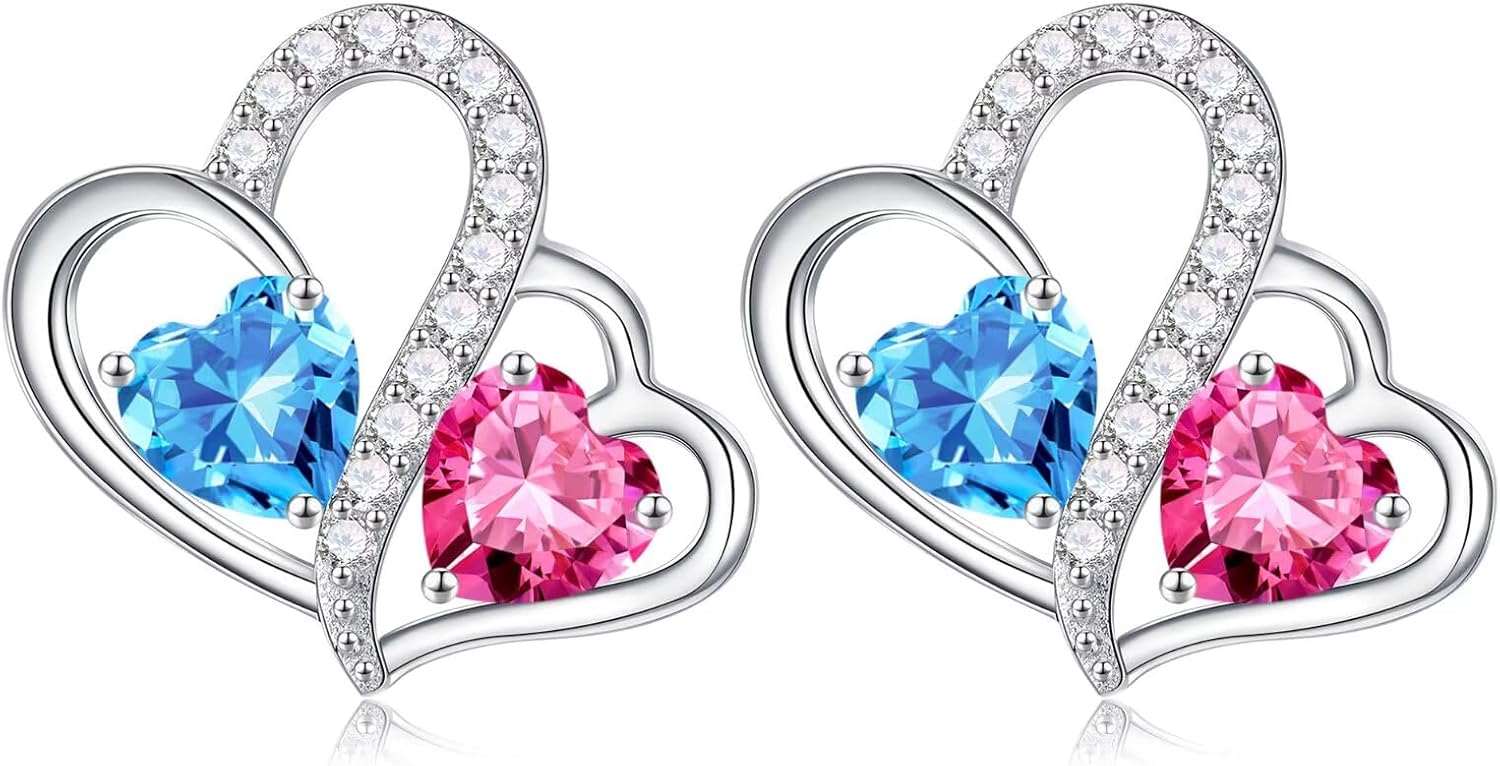 Iefil Valentines Day Gifts for Her - Birthstone Earrings Gift for Women, 925 Sterling Silver Double Heart Birthstone Earrings | Anniversary Birthday Gifts for Women, Personalized Jewelry for Wife Mom