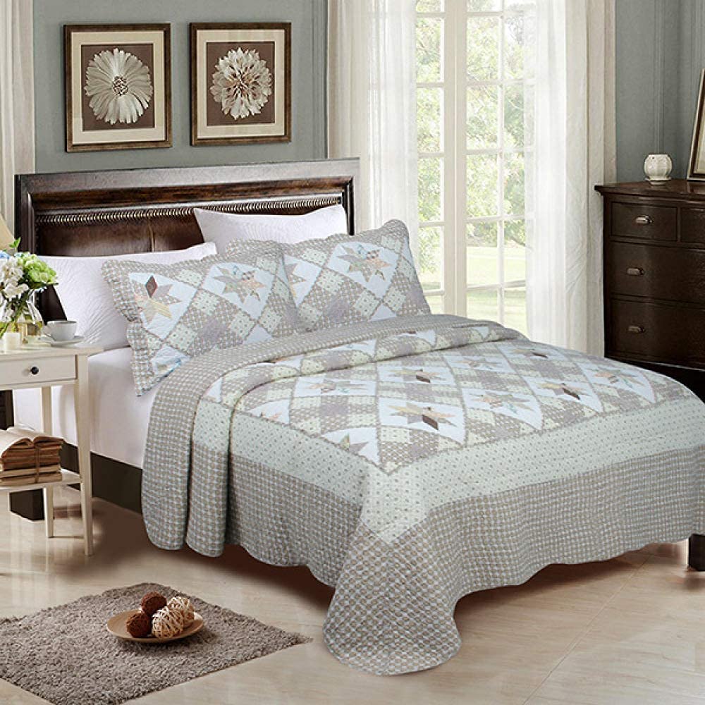 Bedspread 3 Piece Cotton European Quilted Patchwork Printing Coverlet Art Style Bed Cover Quilt And Pillowcase King Size Bedding,-180CM220CM,E-king 230cm*250cm