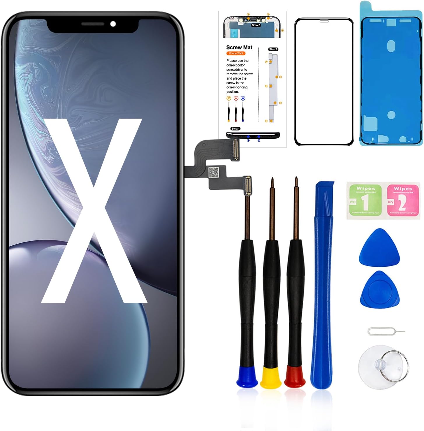 LMQ for iPhone X LCD Screen Replacement 5.8 Inch Frame Assembly LCD Display and 3D Touch Screen Digitizer with Repair Tools Kit for A1865/A1901/A1902 with Waterproof Adhesive Tempered Glass