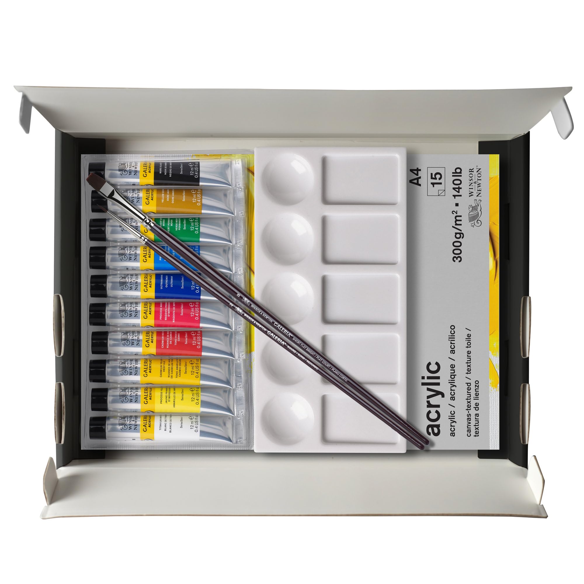 Winsor & Newton 2190615Zestaw tub z farbami akrylowymi Galeria, 10 farb akrylowych w tubkach 12ml, blok akrylowy, 2 pędzle akrylowe i akcesoria