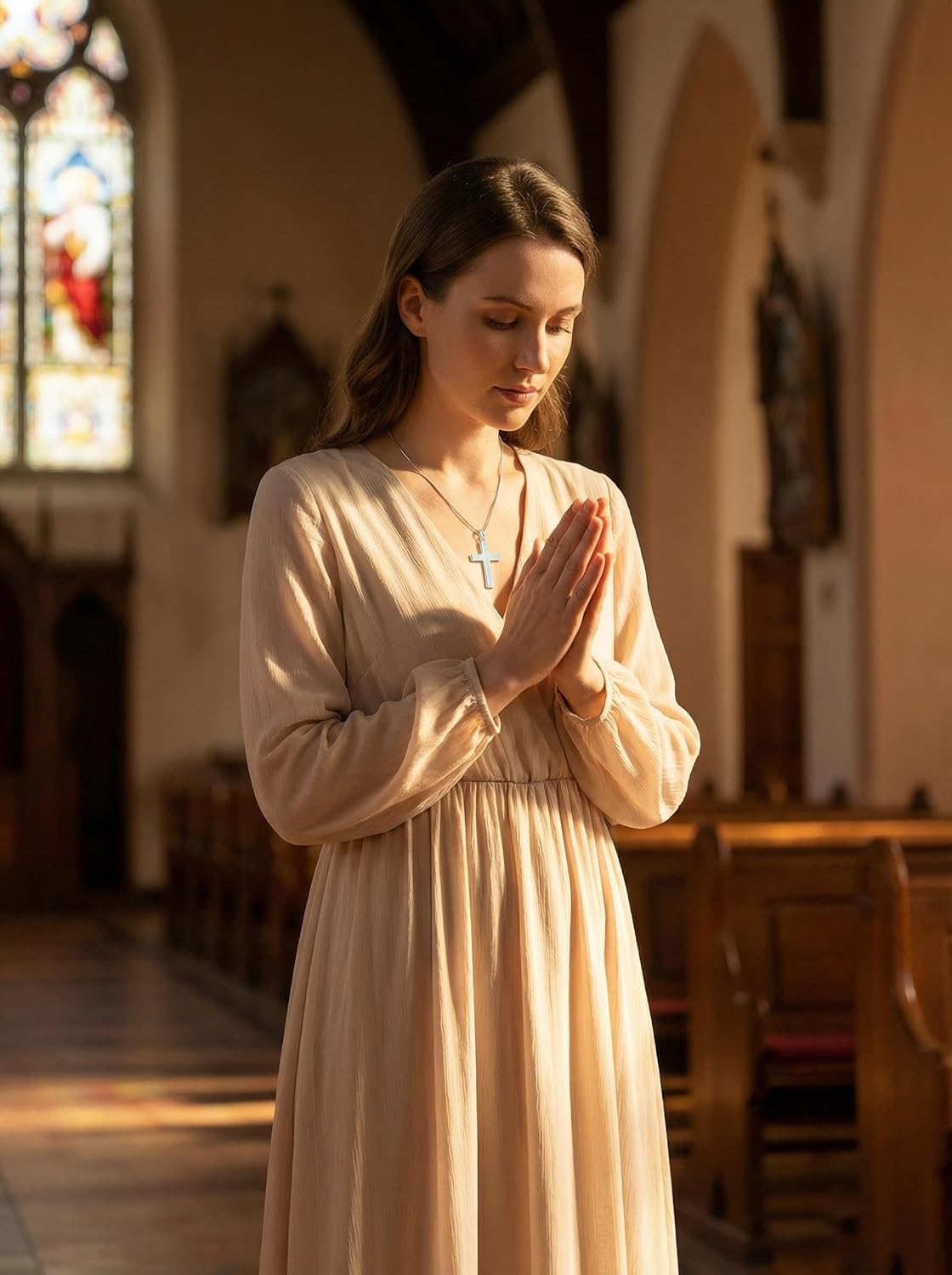 JO WISDOM Opal Cross Pendant Necklace for Women Sterling Silver Religious Christian Jewelry