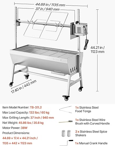 Miniatura 7 de VEVOR Asador de cerdo y cordero, 38 W para barbacoa al aire libre, asador de asador de carbón con capacidad de 132 libras, ruedas y altura de 7