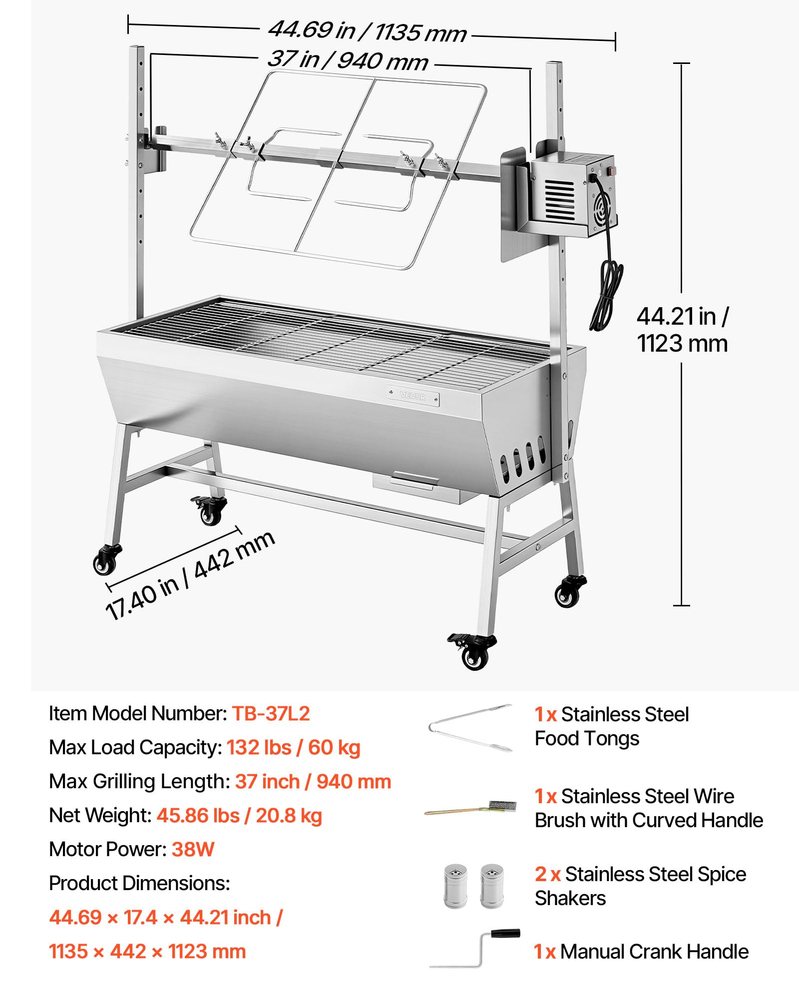VEVOR Griglia per Arrosto da Barbecue Griglia a Carbone, Lunghezza 94 cm 38 W con Capacità di Carico di 60 kg e Ruote e Regolazione dell'Altezza a 7 Vie, in Acciaio Inossidabile per Campeggio