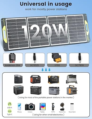 Miniatura 3 de Greenmagic Panel solar portátil de 120 W, 19 V, 120 W, kit de paneles solares plegables con soportes ajustables, impermeable IP65 para campamento,
