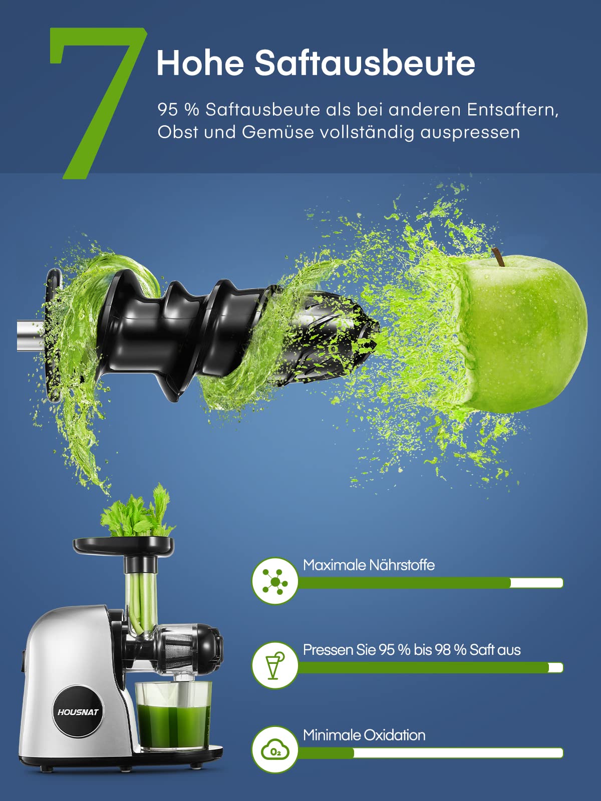 HOUSNAT Slow Juicer, Entsafter Gemüse und Obst, Profi Entsafter mit Ruhigem Motor │ Umkehrfunktion │ Saftkanne │ Reinigungsbürste │ 2 Filterelemente, BPA Frei (Silber)