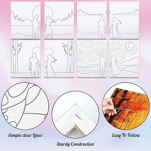 Miniatura 4 de VOCHIC 8 piezas de lienzos predibujados para pintar para adultos, kit de sorbo y pintura, suministros de fiesta, juego de pintura en lienzo, juegos
