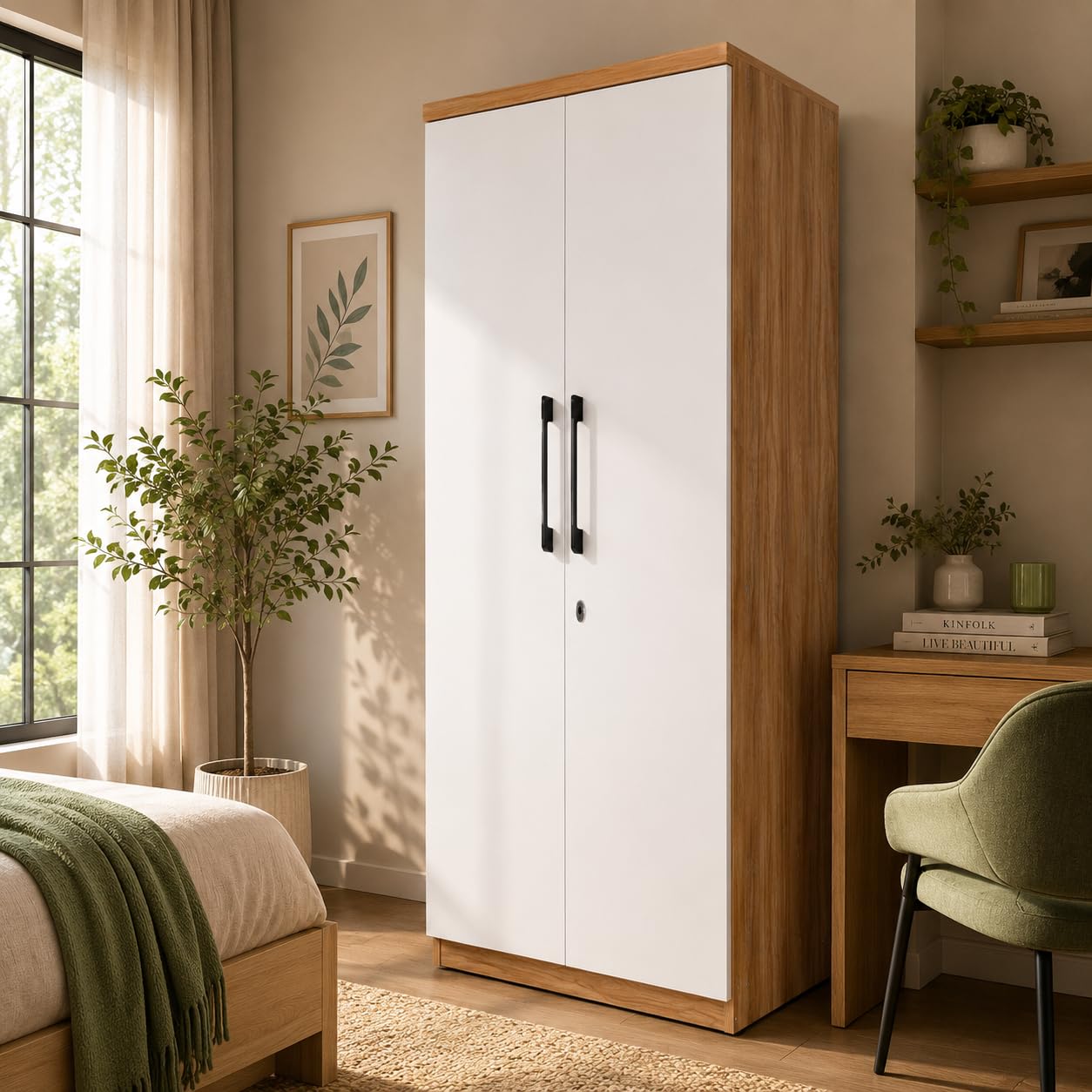 Wardrobe for Bedroom, Cupboard, Wooden Wardrobe with Lock | 2 Door Bedroom Storage Almirah, White & Wood Finish, Engineered Wood-image-35