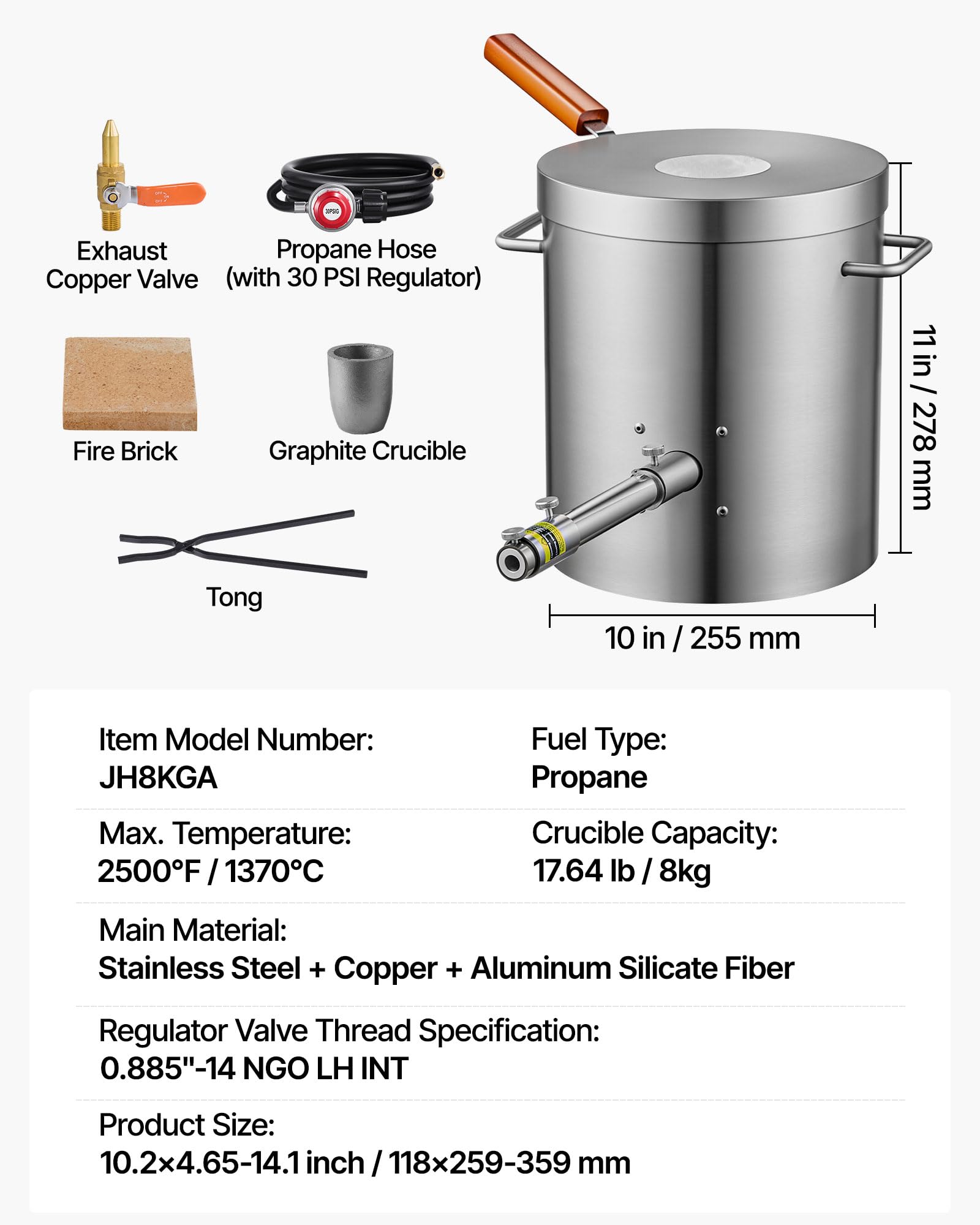 VEVOR Propan-Schmelzofen-Set, 8 kg, Gas-Metall-Schmelzset, Gießerei, Heimofen mit Tiegel, Zange, Holzgriff, Schmiedegusswerkzeug für Gold, Silber, Kupfer, Aluminium, Metall, Recycling