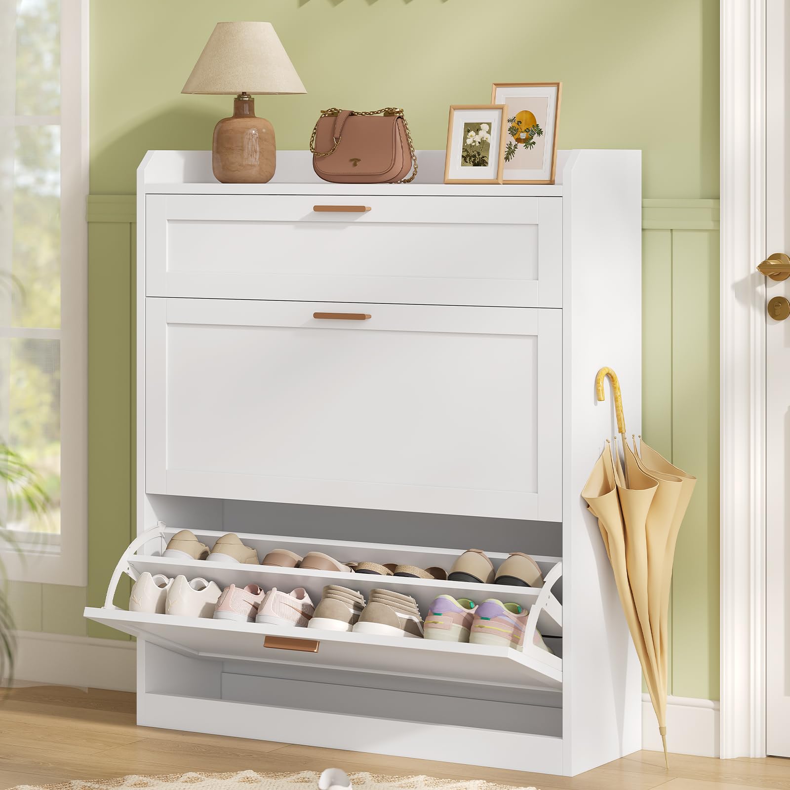 KIMENICH Scarpiera con 2 Scomparti a Ribalta, Scarpieras con 1 Cassetti, Scarpiera Salvaspazio, Divisorio Regolabile, per 12-16 Paia di Scarpe, Corridoio, Ingresso, 24 x 80 x 104 cm, Bianco