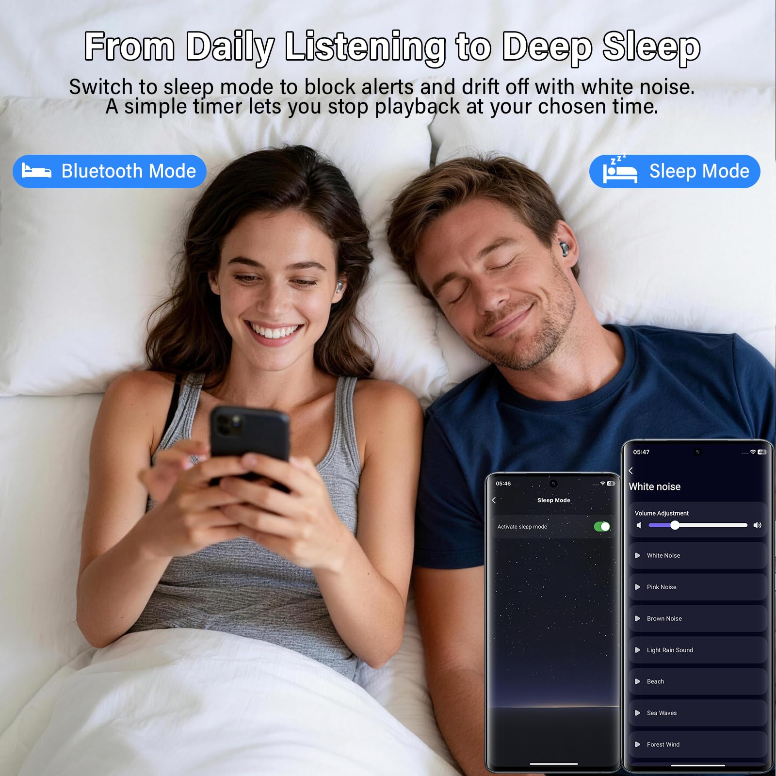 Ecouteurs Bluetooth sans Fil, Écouteurs Sommeil pour Dormir sur le Côté Avec Suivi du Sommeil, Sleep Earbuds Bluetooth 5.4 Mini Écouteurs Sans Fil pour Dormir Alarme personnelle Casques 48H(Noir jais)