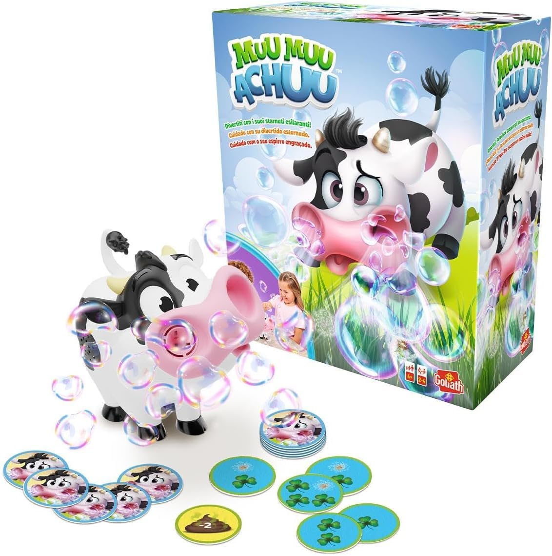 Goliath - MUU MUU ACHUU - Gioco in Scatola per Bambini dai 4 Ann - Mucca Simpatica che Fa Bolle con Suoni e Starnuto - Stimola i Riflessi - per 2-4 Giocatori - 20 Minuti, Versione Multilingue