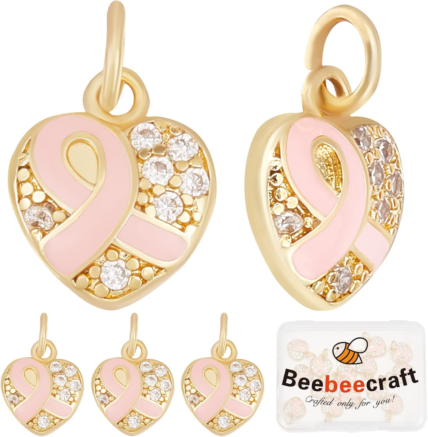 Beebeecraft 1 Box Ribbon Awareness Charms 18K Gold Plated Breast Cancer Hope Charm Pendants with Cubic Zirconia and Jump Rings for Earring Bracelet Necklace Jewelry Making