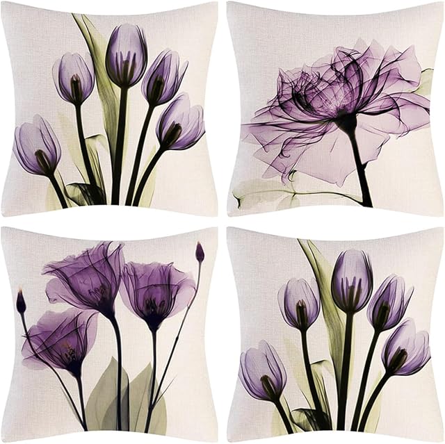 QUALKNOY Set of 4 Cushion Covers 16"x16" Purple Flower Linen Modern Art Decorative Throw Pillow cases 40 x 40cm for Living Room Outdoor Decor Pillowcases