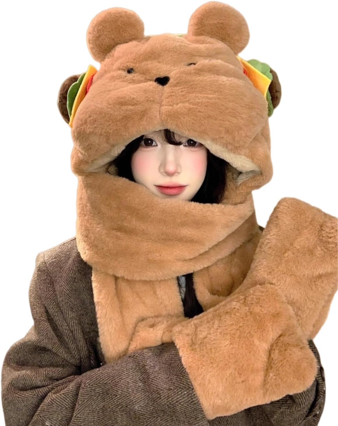 Women 3-in-1 Plush Bear Hood Hat Scarf Gloves Set with Burger Decor