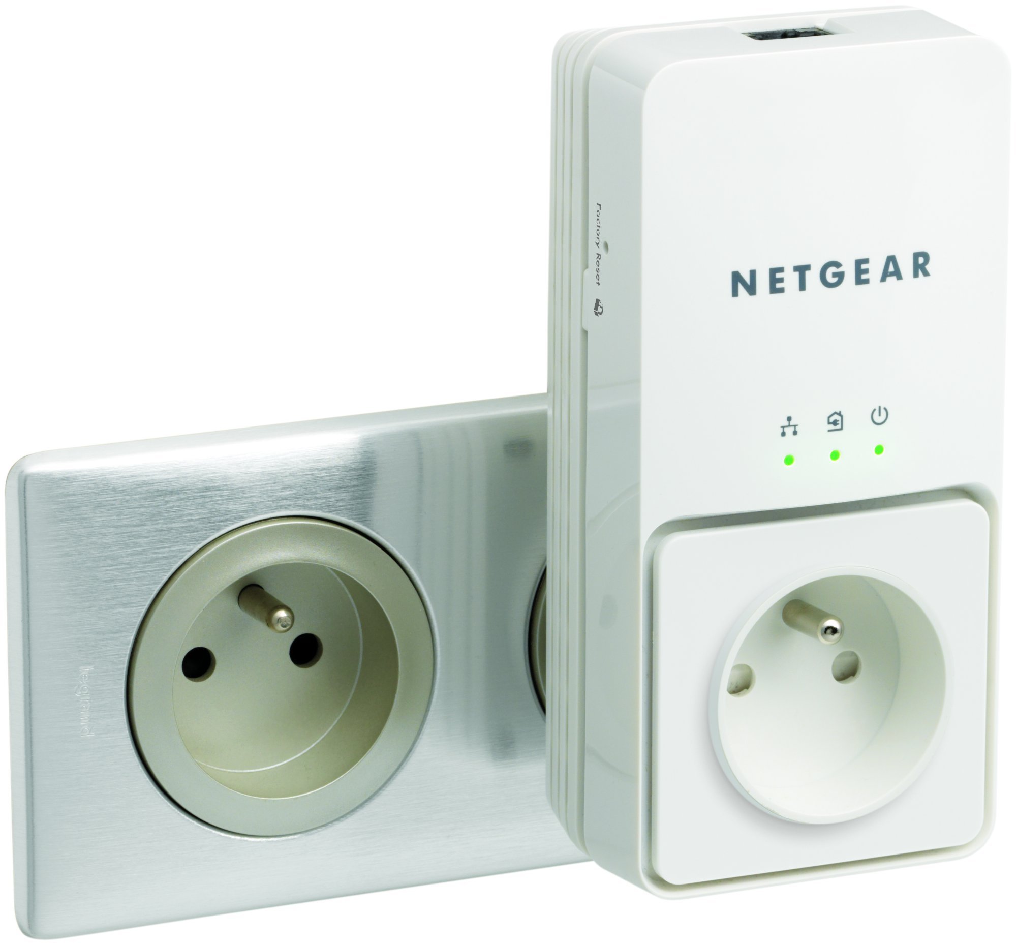 Netgear XAVB1501-100FRS Pack de 2 Adaptateurs CPL Ethernet Powerline 200 Mbit/s avec Prise Femelle Integrée Homeplug AV