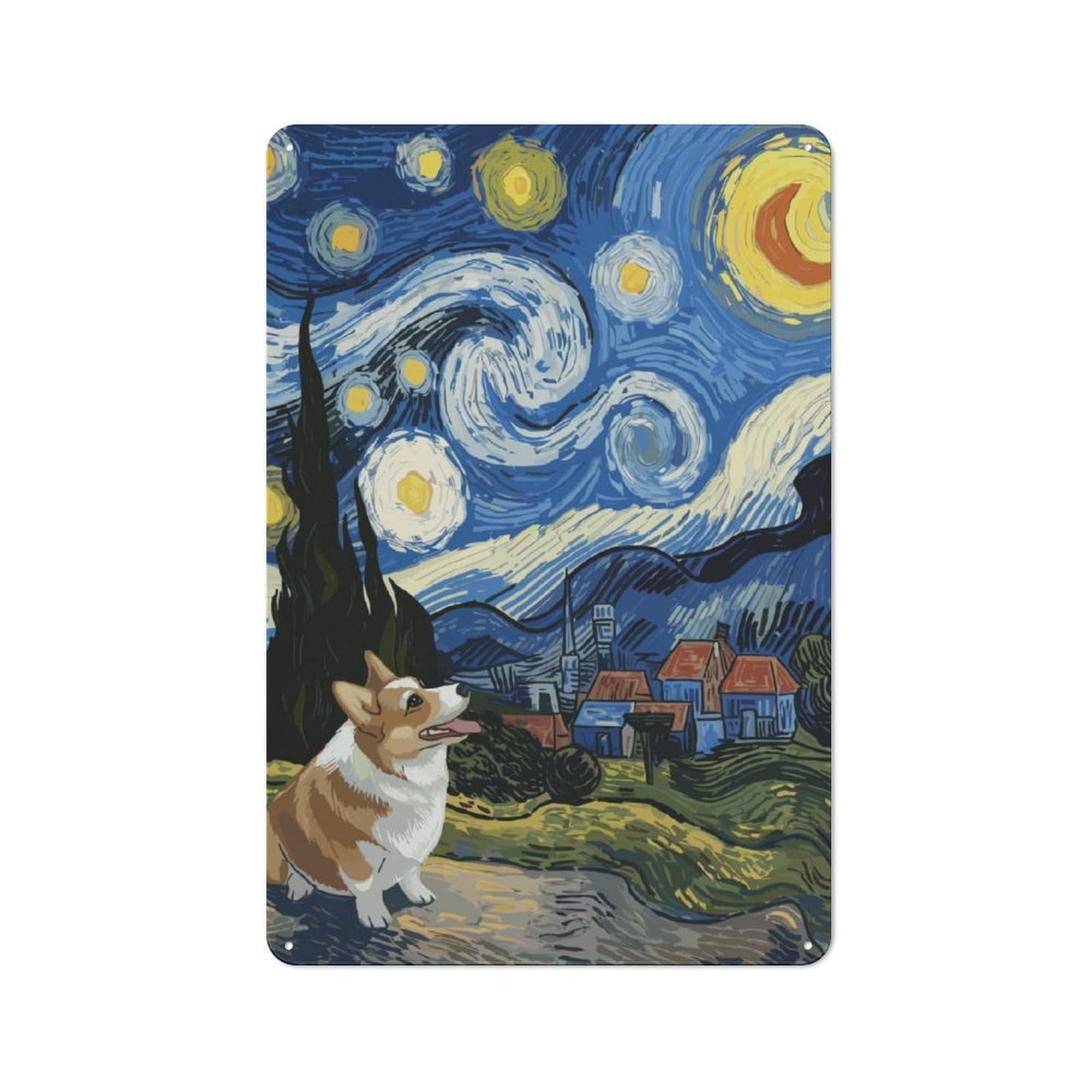 Junmoney Corgi Under Starry Night Metal Plaque 30X20cm With For Hallway Wall, Retro Decor, For Wall Display Collectors