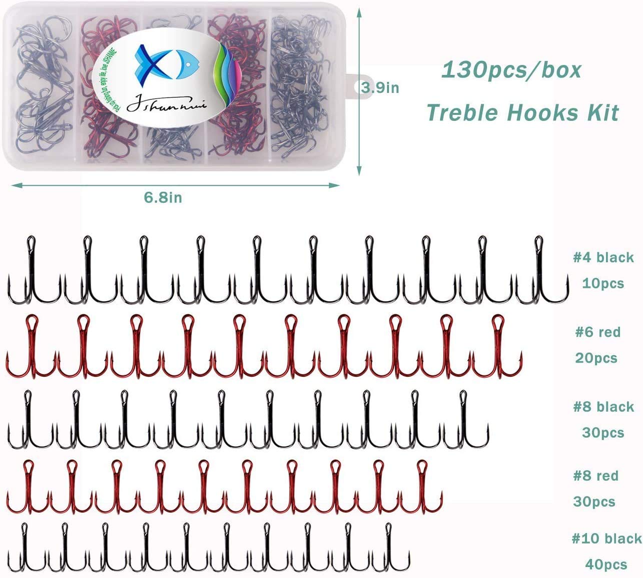 JSHANMEI 130-Piece Treble Hooks Kit - High Carbon Steel Sharp Fish Hooks For Lures, Mixed Sizes - View #10