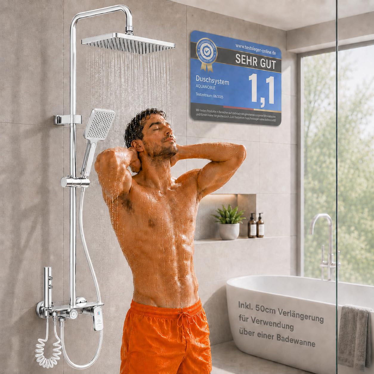 AquaNoble Aufputz Duschsystem mit Thermostat & Ablage – Duscharmatur Komplettset mit Regendusche, 3-Funktionen Handbrause, Wanneneinlauf/Wasserfall & Reinigungspistole, EasyClean Anti-Kalk, chrom