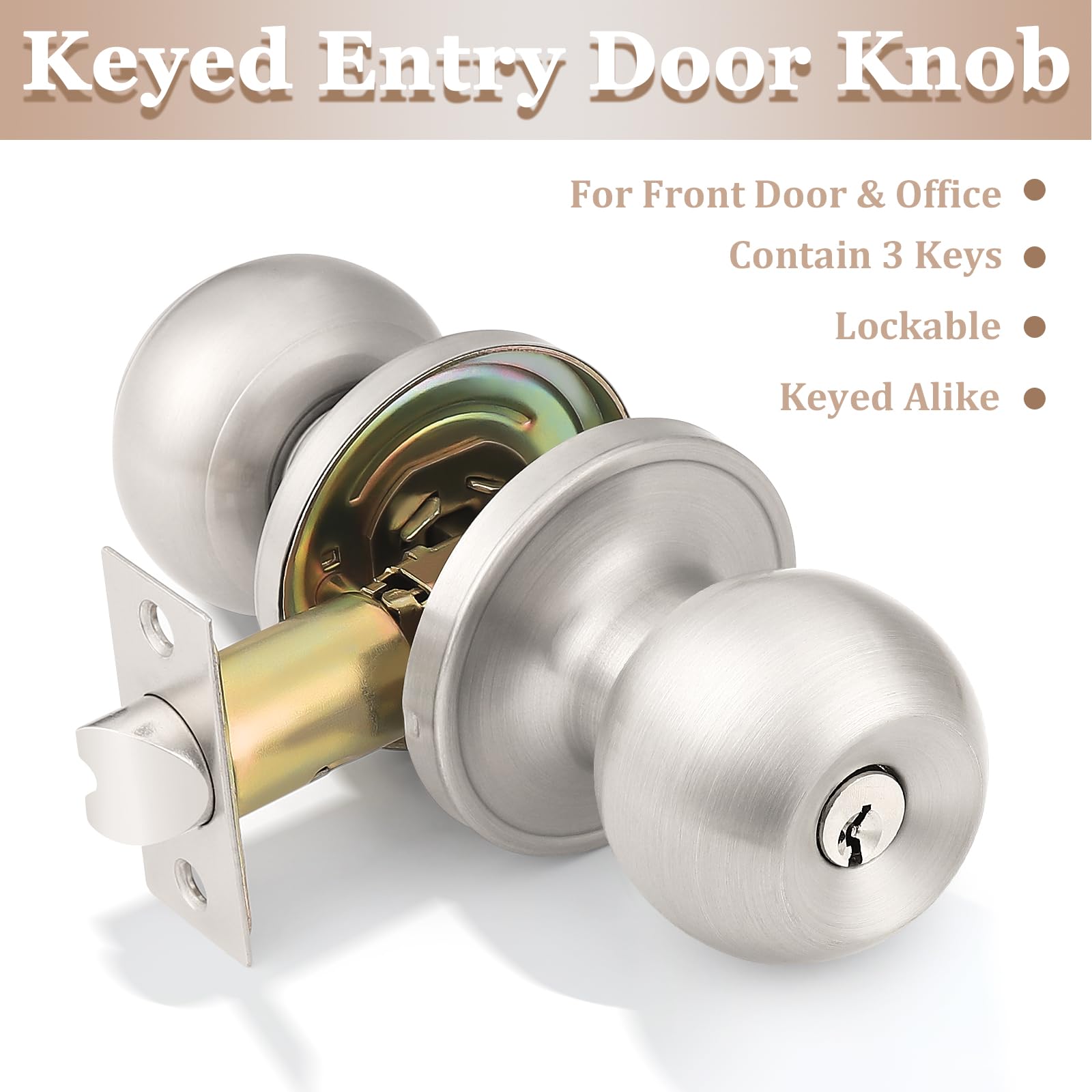 Probrico 3-Pack Keyed Alike Entry Door Knobs - Satin Nickel -2