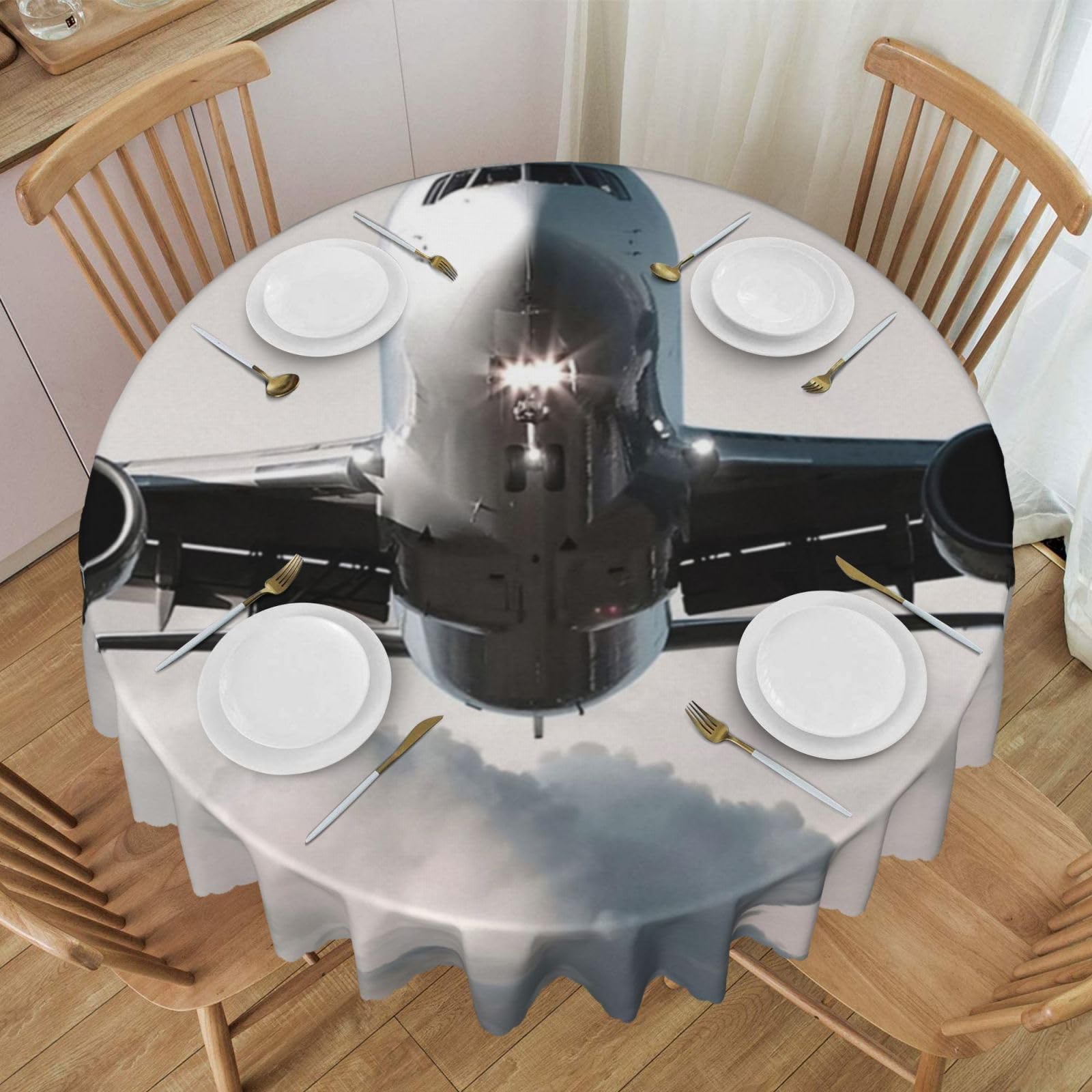 DCEHGEW 60 In Round Tablecloth with Lace, Airplane Art Printed Oilproof & Washable Fabric Picnic Table Cloth Table Covers