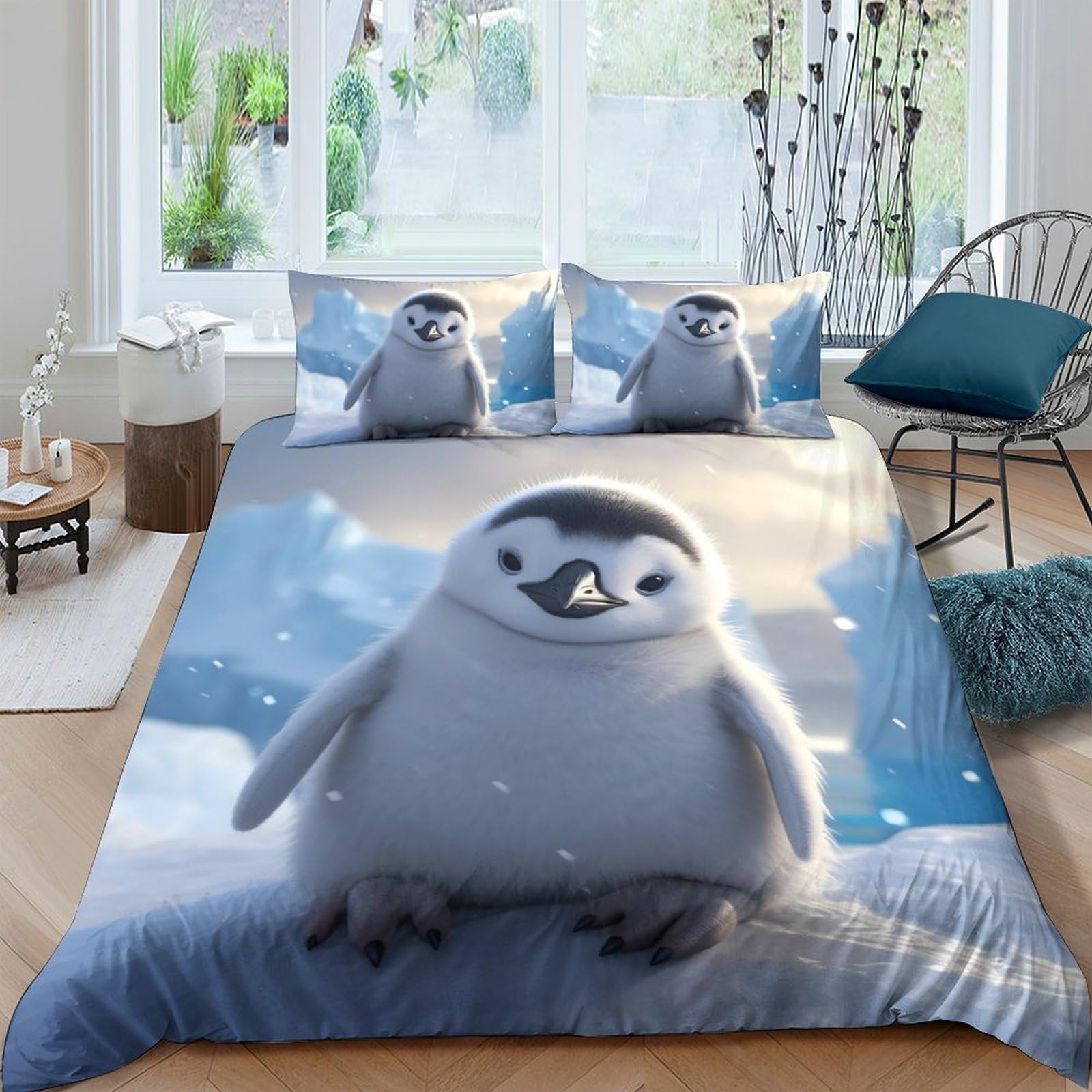 Ctjqhvkz Style-7 3D Printed Cute Penguin Fitted Sheet Microfiber Soft Blue Ice Landscape Bed Cover For Bedroom Dorm Mattress Decor Single（135X200cm）