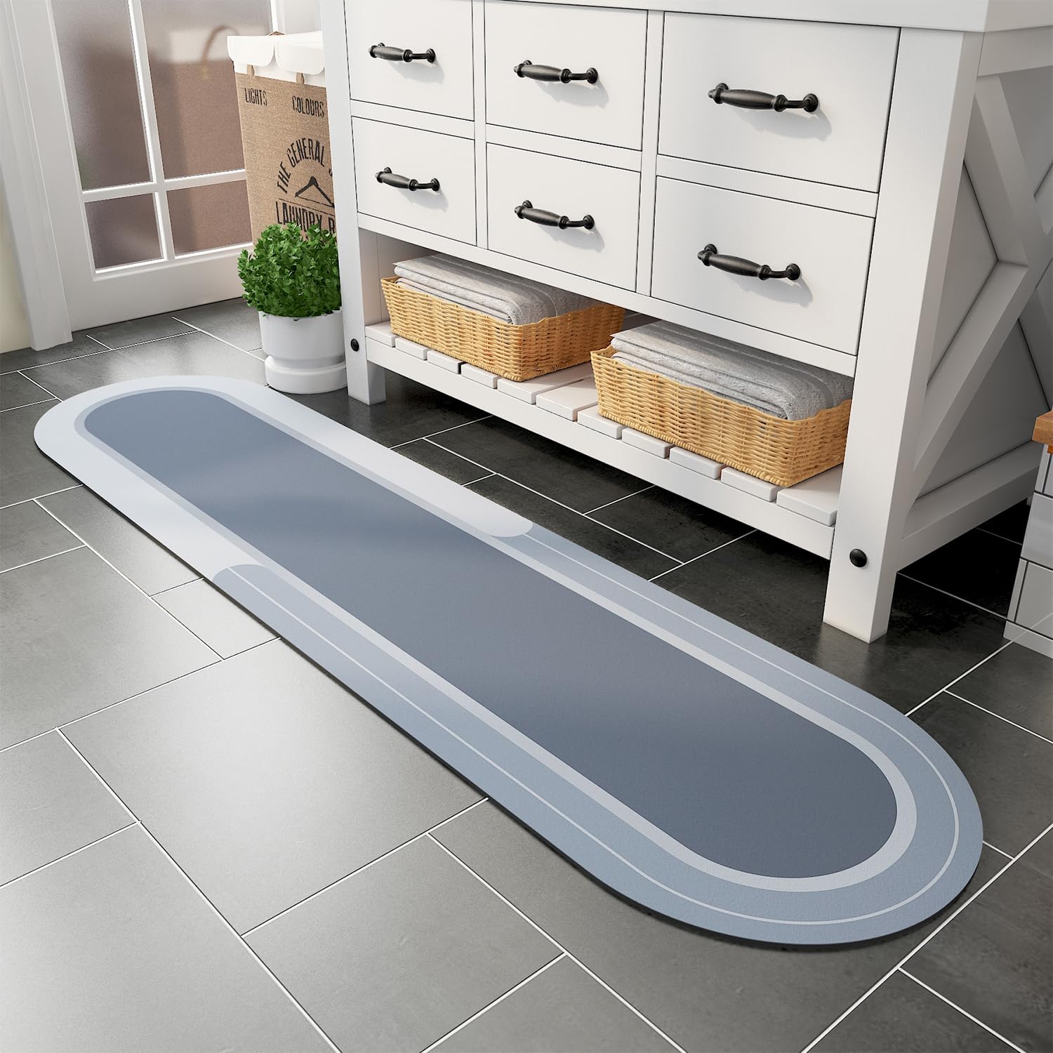 MontVoo Bath Mat Runner - Long Non Slip Absorbent Quick Dry Thin Bath Rug for Bathroom Floor Mat - Rubber Backed - Stain Resistant - Easy Care - Blue
