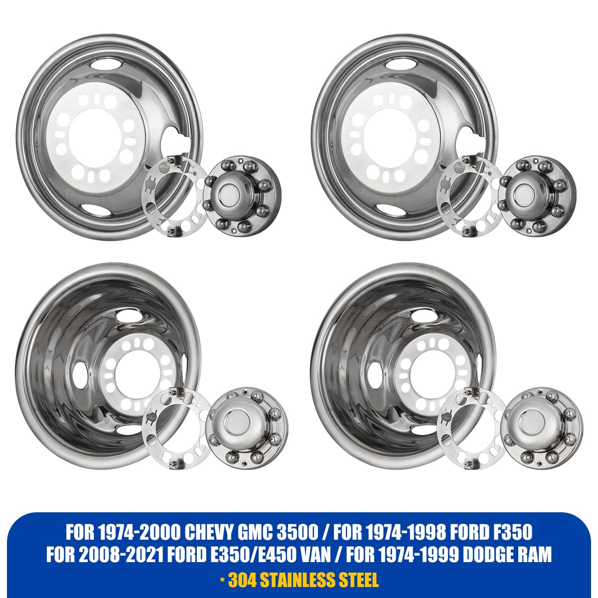 CPW 16'' Wheel Simulators for 1974-2000 Chevy GMC 3500, Stainless Wheel Covers for 1974-1998 Ford F350, 8 Lug 4 Hand Hole Hubcaps for 1974-1999 Dodge Ram, Hubcaps for 2008-2021 Ford E350/E450 Van