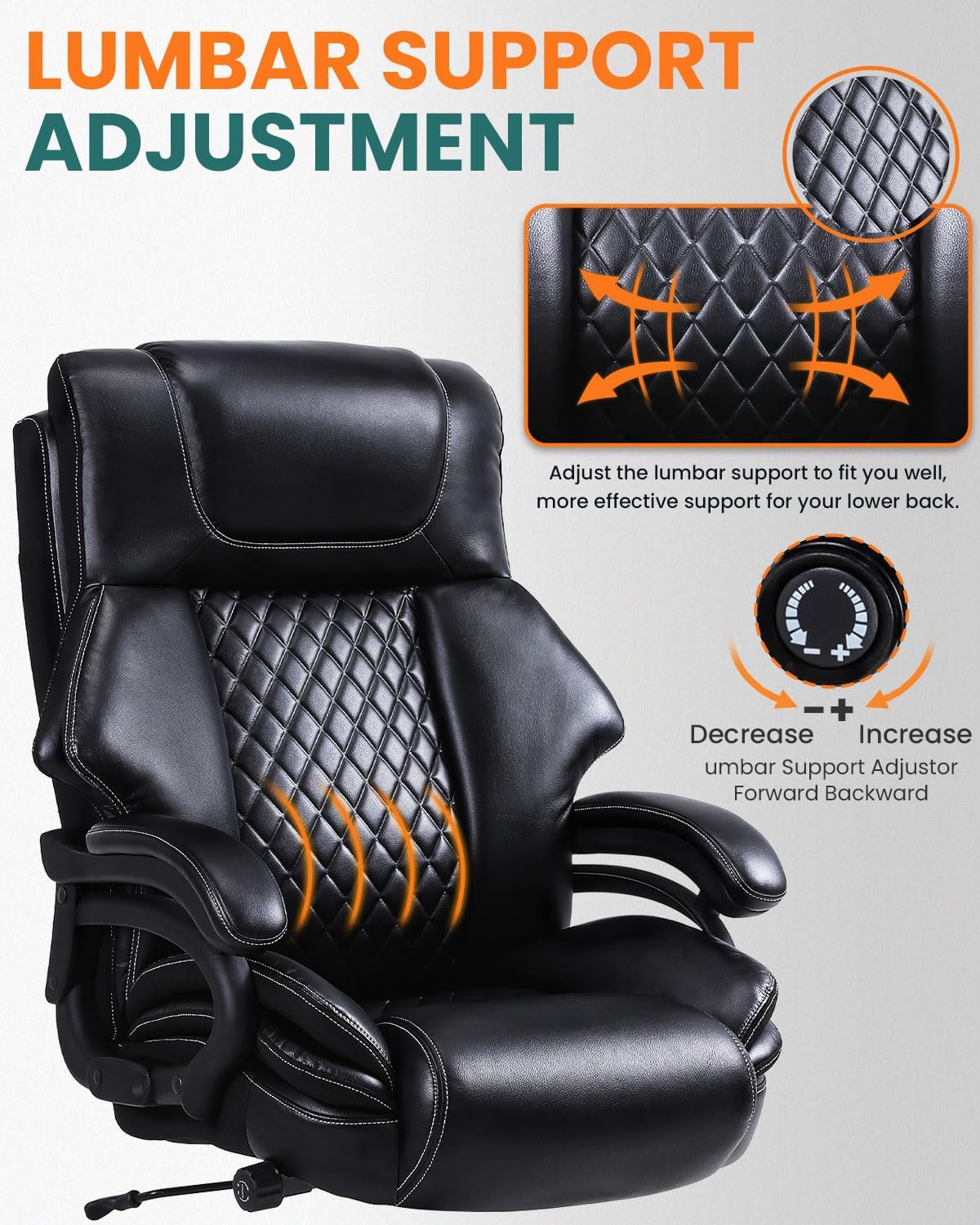 BOSMILLER 650lbs Large Big and Tall Office Chair for Heavy People with Adjustment Lumbar Support, Comfy Padded Heavy Duty Leather Executive Office Chair with Quiet Rubber for Adults 8 Hours Daliy Work - Image 4