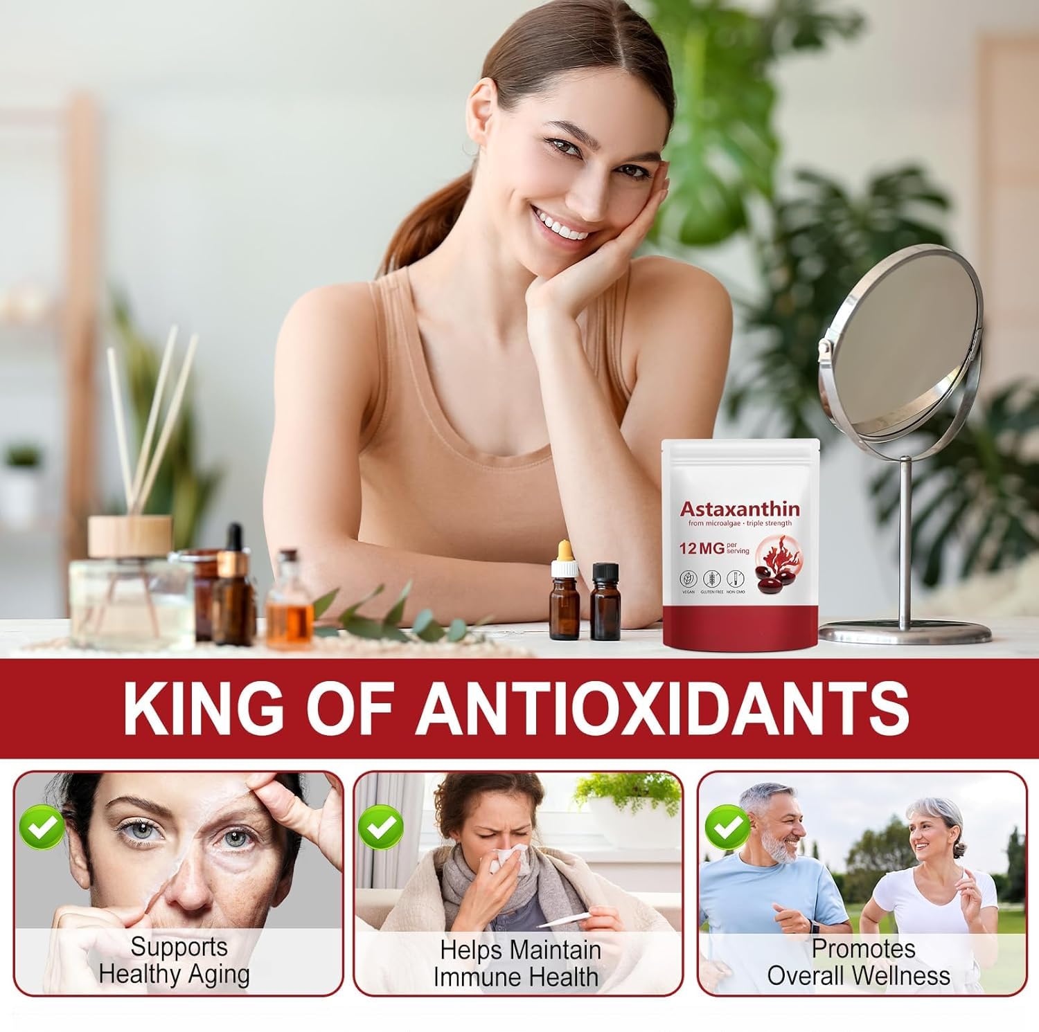 Astaxantina Premium, Supporto Antiossidante per la Salute di Occhi, Pelle, Articolazioni e Circolazione, Senza OGM & Senza Glutine
