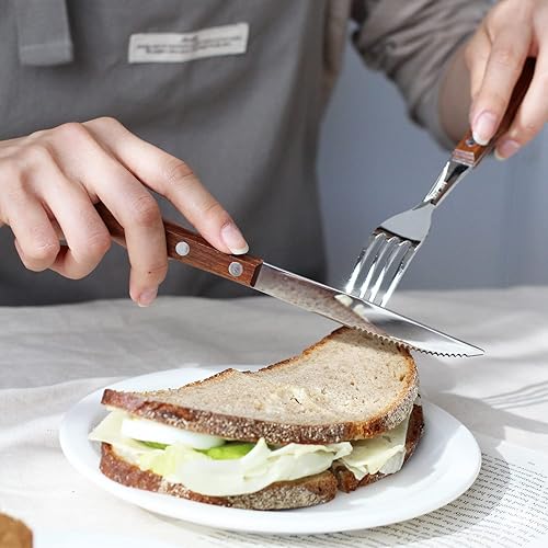 Miniatura 4 de Juego de 6 piezas (2 juegos) de mango de madera de primera calidad, cuchillo de cena, tenedor y cuchara