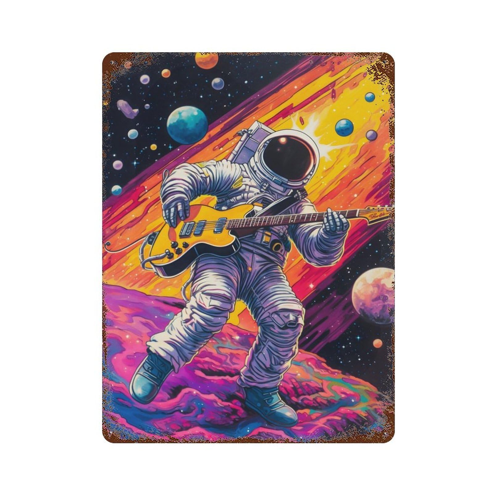 Rust Effect Astronaut Playing Guit Rusty Metal Tin Sign 15.7"x11.8", Rustic Home Decor for Living Room, Hallway And Home Decor
