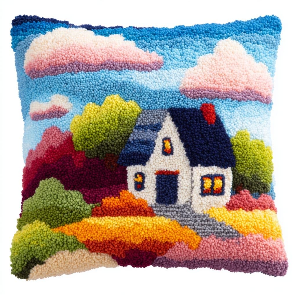 WallustrioaW Latch Hook Cushion Kits for Adults,Cartoon Style House,Latch Hook Pillow Case Kits Handmade Kids Parents Gift,17x17in