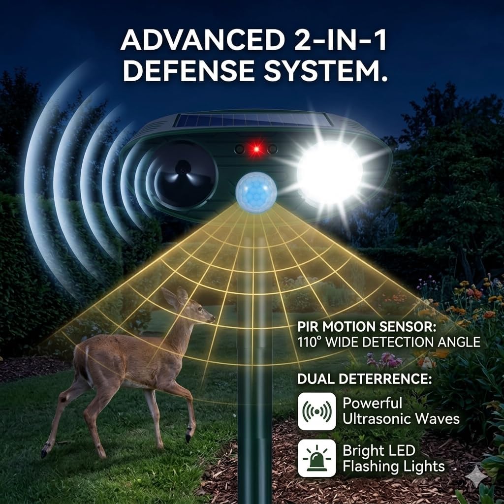2Pack Sonic Fortress Pro Deer Repellent Solar Ultrasonic Animal Repellent Outdoor with Motion Detection&Flash Light Squirrel Fortress Pro Keep Cat Raccoon Rabbit Away for Vegetable Garden Yard Lawn