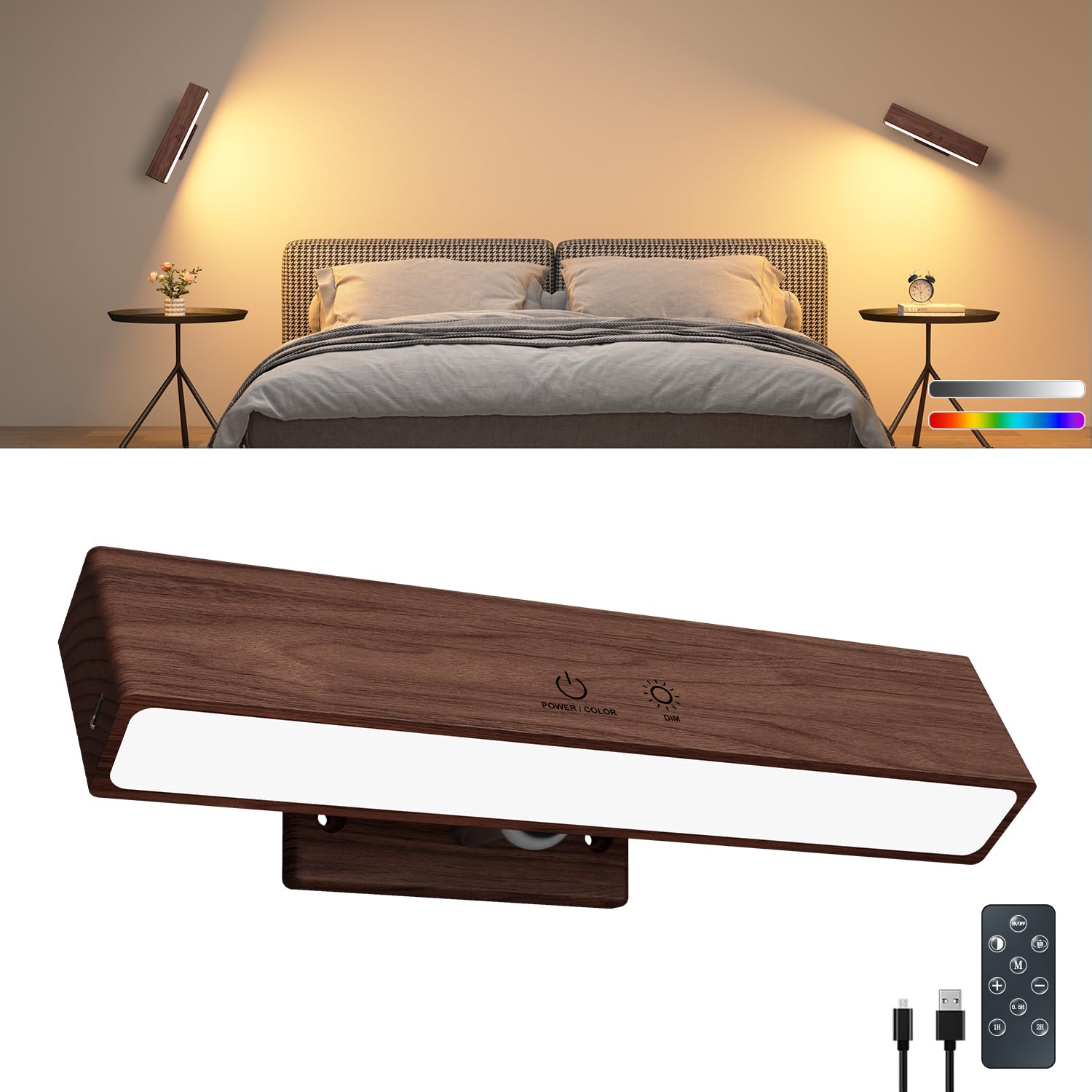 Rechargeable Wall Lights Indoor Walnut Wood with Remote,5200mAh Battery Operated Wall Lights,Magnetic,Stick On,Dimmable RGB &3 Colour Temperature,Wireless Wall Mounted Reading Lights for Bedroom 1Pack