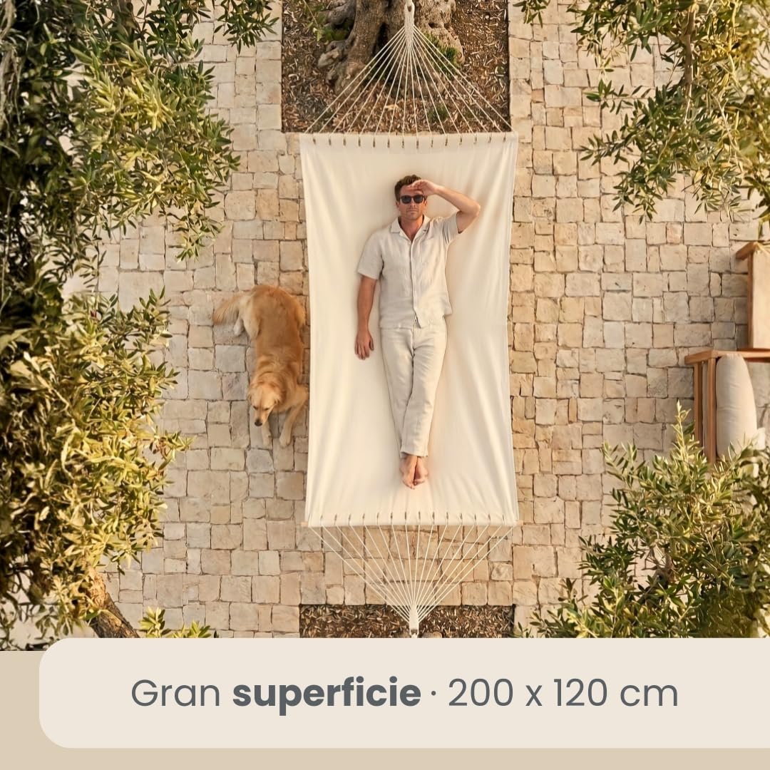 AMANKA XXL Hamaca con Barra Separadora 200x120 cm Beige - Colgante Doble 2 Personas 150kg - Algodón Resistente Exterior & Interior - Balcón Jardín Terraza Campings - 100% Puro Transpirable Natural