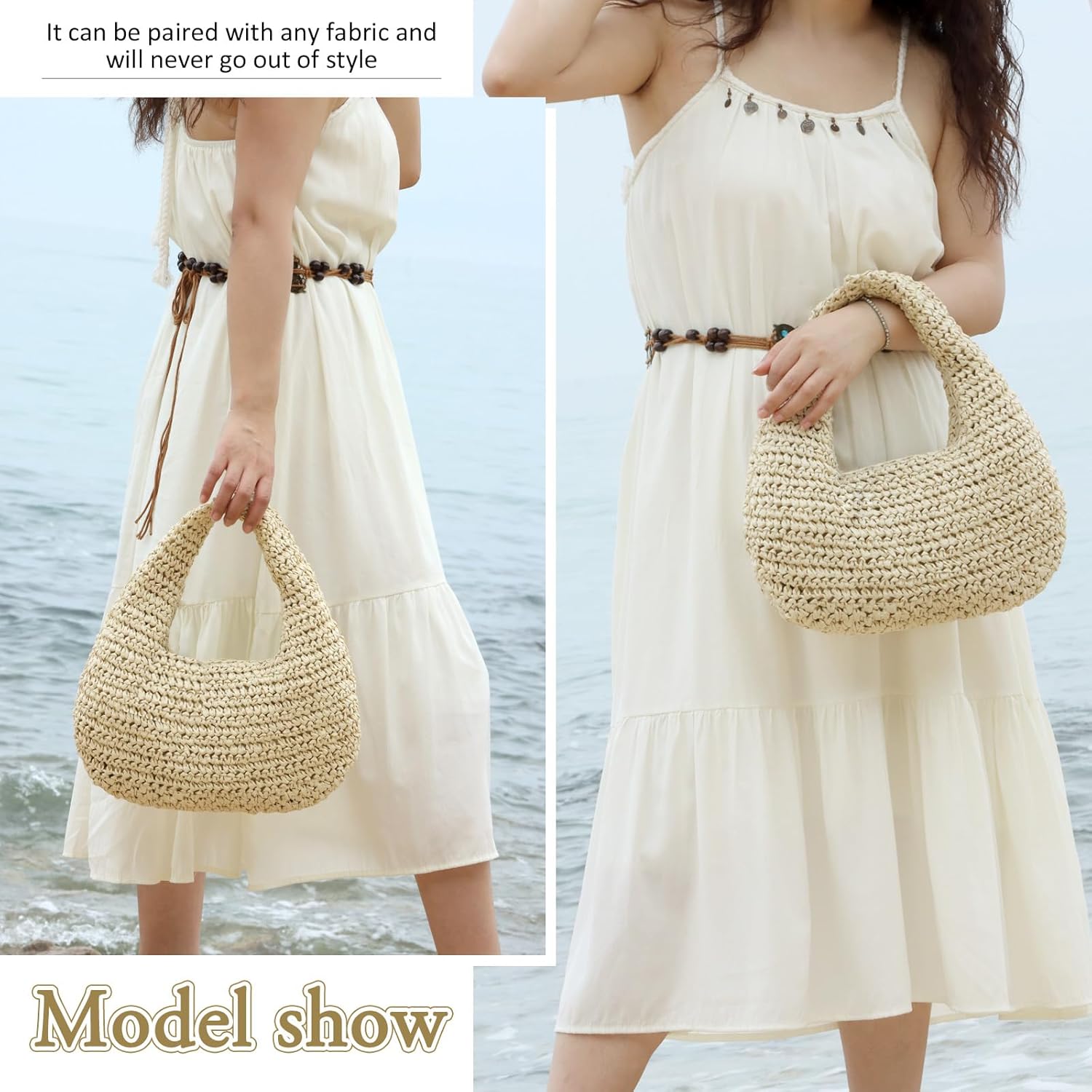 Fecialy Straw Bag for Women Crescent Shoulder Handbag Straw Summer Beach Tote Handbag Raffia Woven Hobo Bag - Image 2