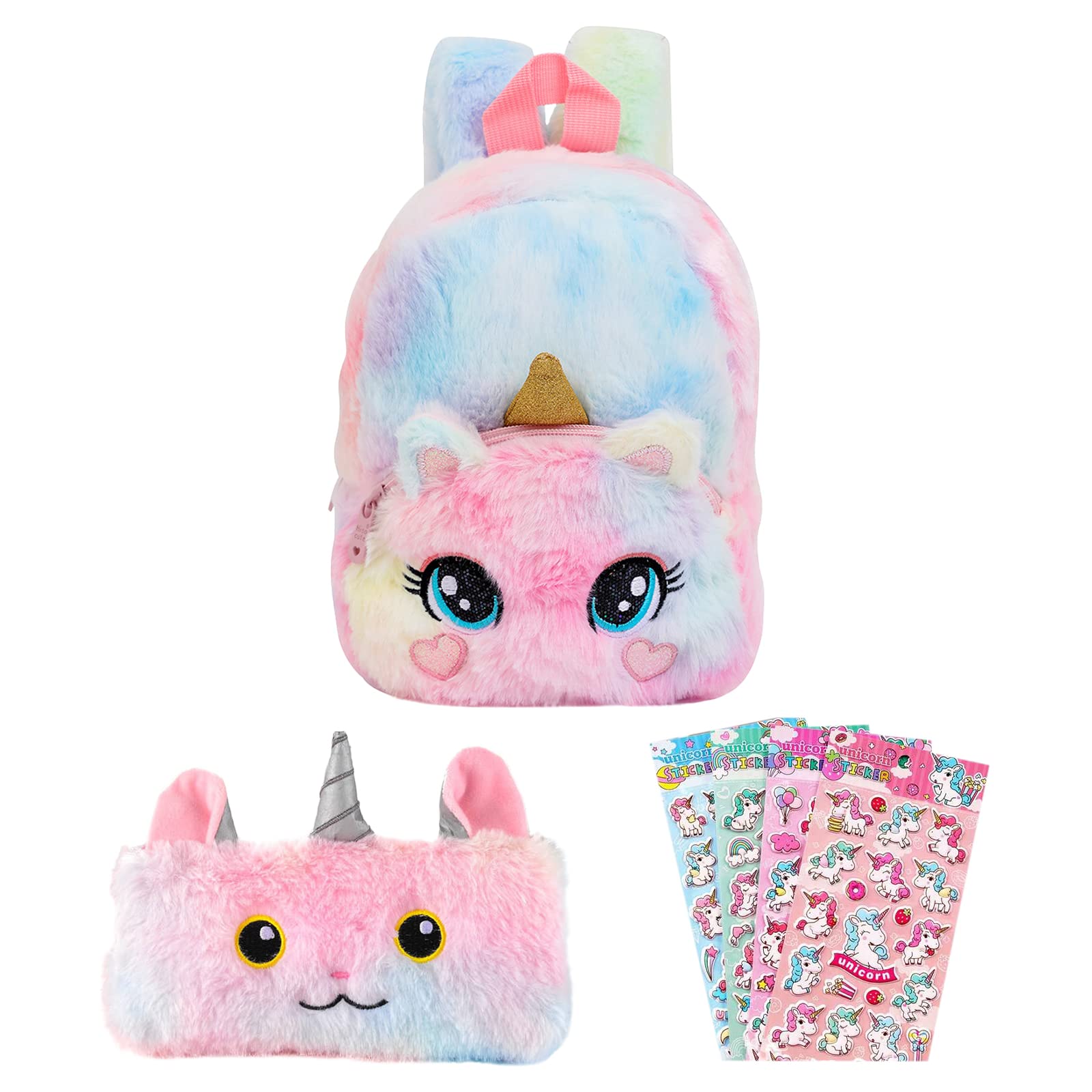 Home Xone Fluffy Unicorn Backpack Set - Rainbow Cat Style Plush Bag with Matching Purse, with Bonus Stickers Soft Toy - Perfect Stylish School Supplies for Girls and Kids Great Dream Gift