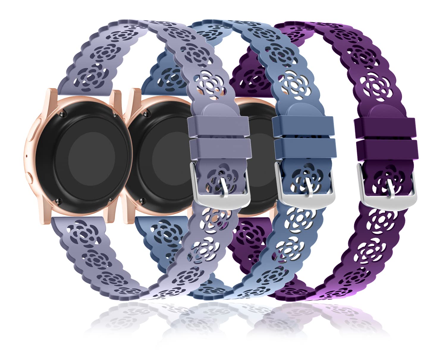 Nigaee 3 Pack 20mm Lace Silicone Band Compatible for Samsung Galaxy Watch 5/Watch 4 40mm 44mm/Watch 4 Classic 42mm 46mm/Watch 3 41mm/Active 40mm/Active 2 40mm 44mm, Soft Slim Bands for Women