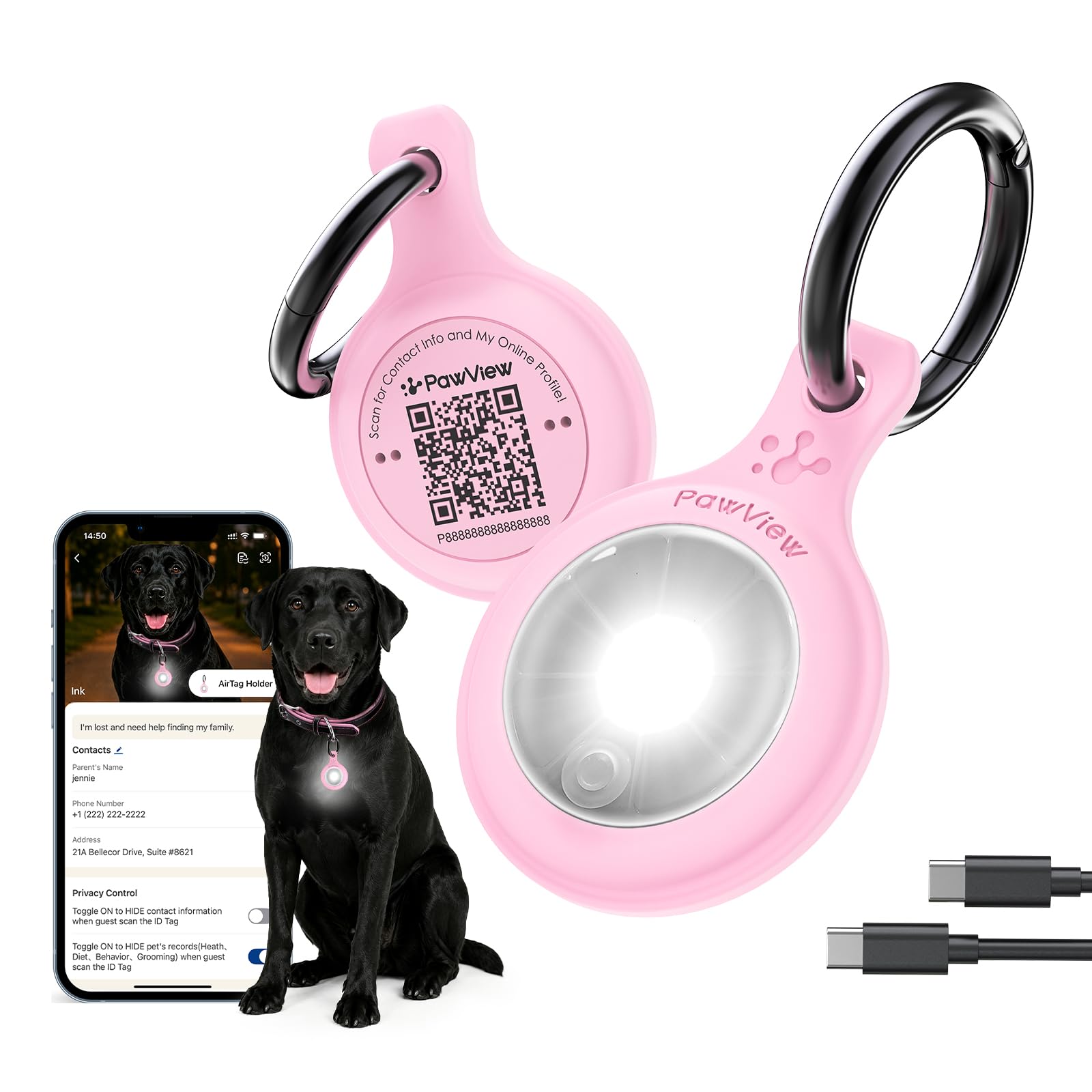 PawView Rechargeable Dog Collar Light with QR Code, 3 Modes LED Safety Dog Lights, Clip-On Pet ID Tag for Night Walking, Running, Camping, Pink & White