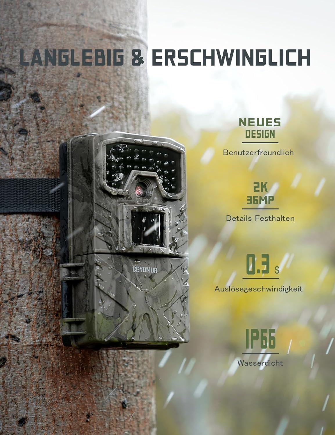 CEYOMUR 4G LTE Wildkamera Solar - 2K PTZ Mit SIM & Nachtsicht, 360° Außenüberwachung