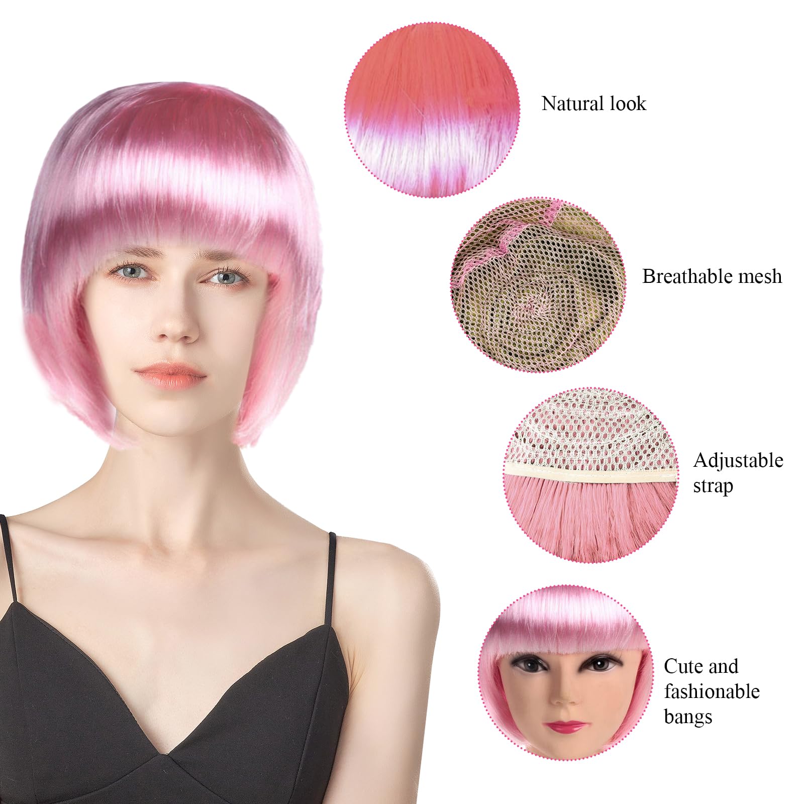 Pink Bob Wig Set including Sunglasses, Wig Cover, for Cosplay & Parties - Image 4
