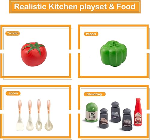 Miniatura 7 de Bruvoalon Juego de 32 juguetes de cocina para niños, accesorios de cocina con ollas, sartenes, utensilios de cocina, alimentos, verduras enlatadas,