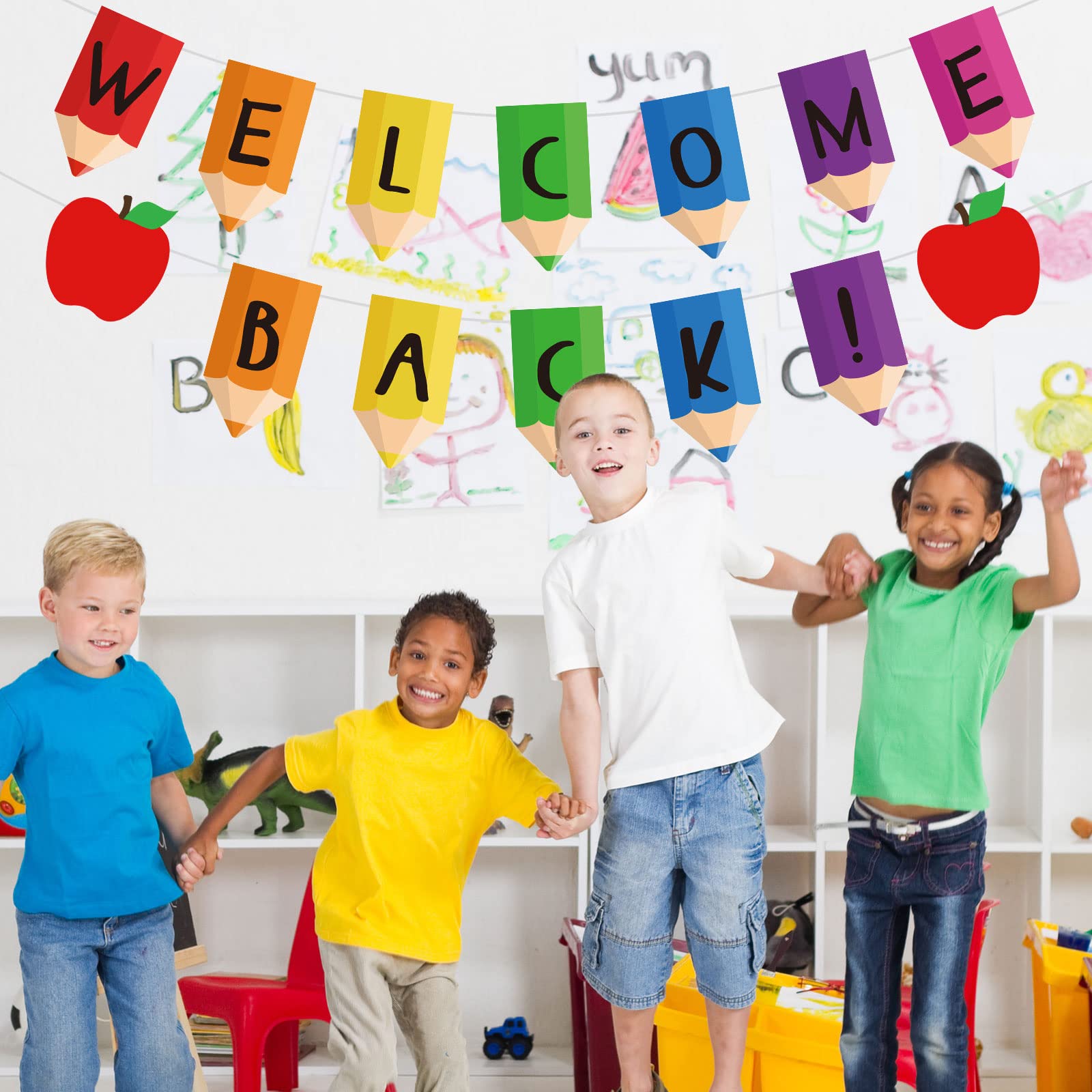 AnyDesign Banner de regreso a la escuela, 2 cuerdas, guirnalda de banderines de bienvenida de vuelta a la escuela, tablero de anuncios premontado, bonito lápiz de manzana, pancarta decorativa colgante
