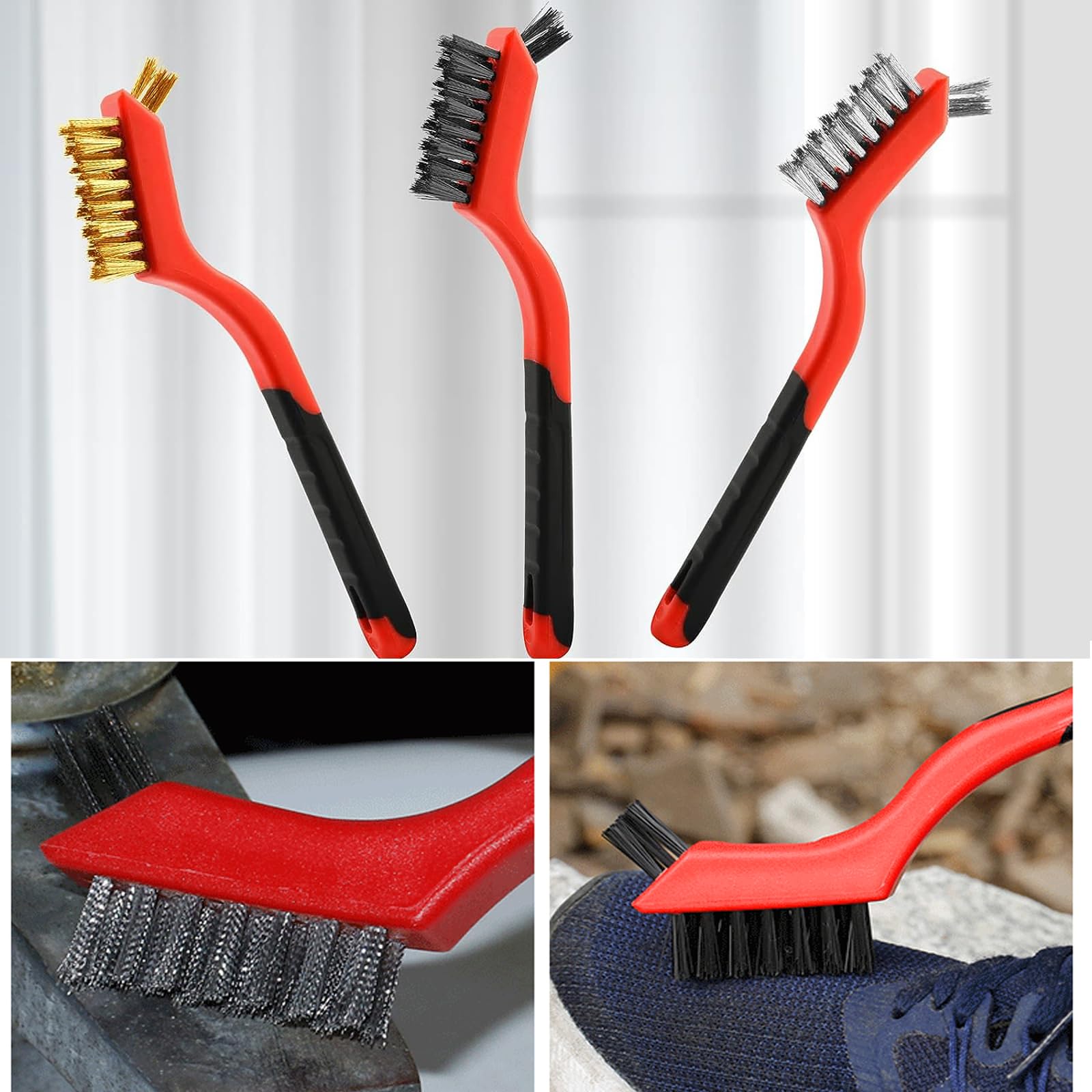 Cepillo de alambre, 9 piezas de estropajo de metal, cerdas de nailon/latón/acero inoxidable con mango curvado para limpiar eliminación de óxido, suciedad, limpieza de pintura con limpieza profunda, 7