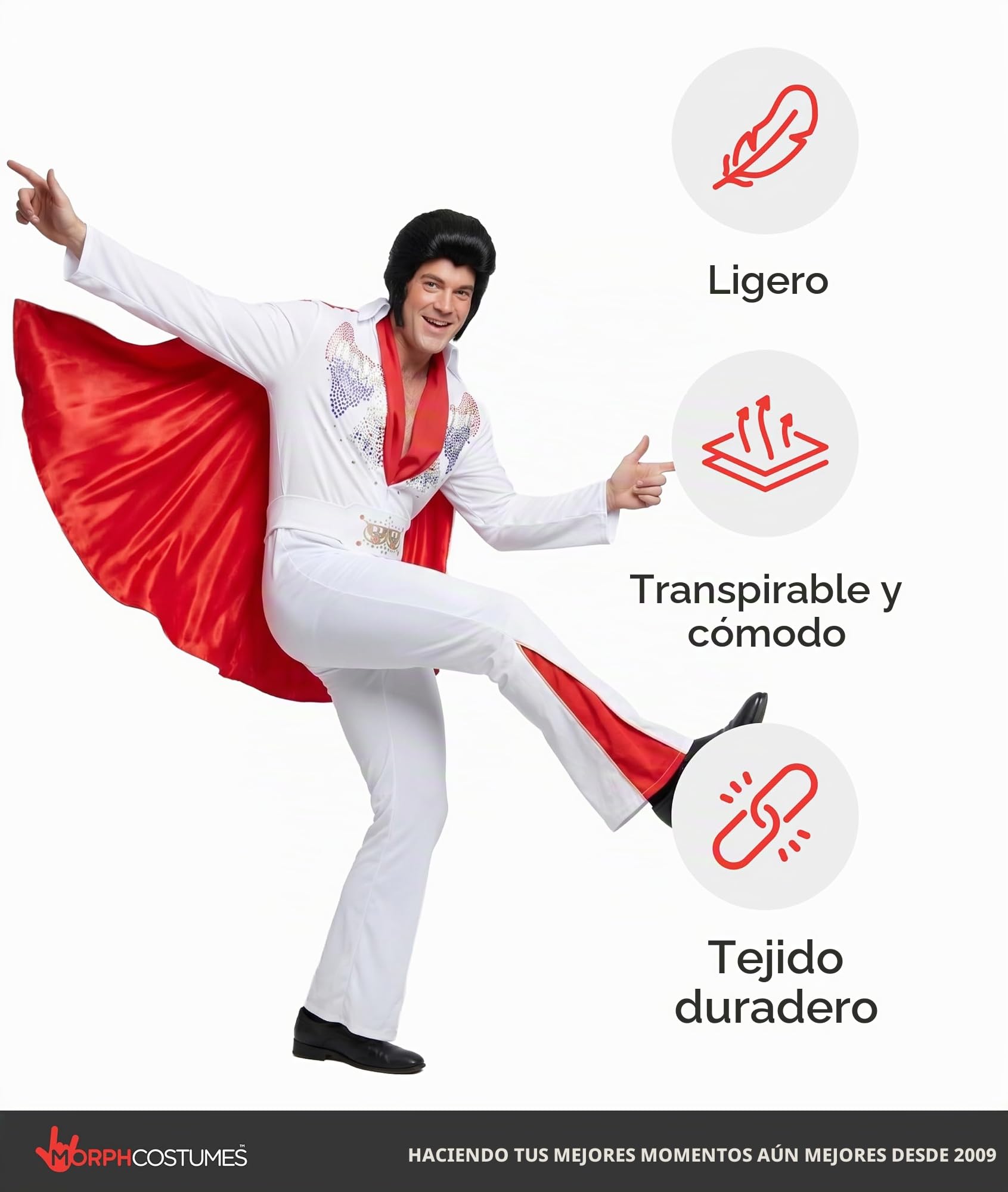 Morph Disfraz Elvis Rey Del Rock y Roll Hombre, Años 70, Cantante, Disco, Despedida, Carnaval y Halloween