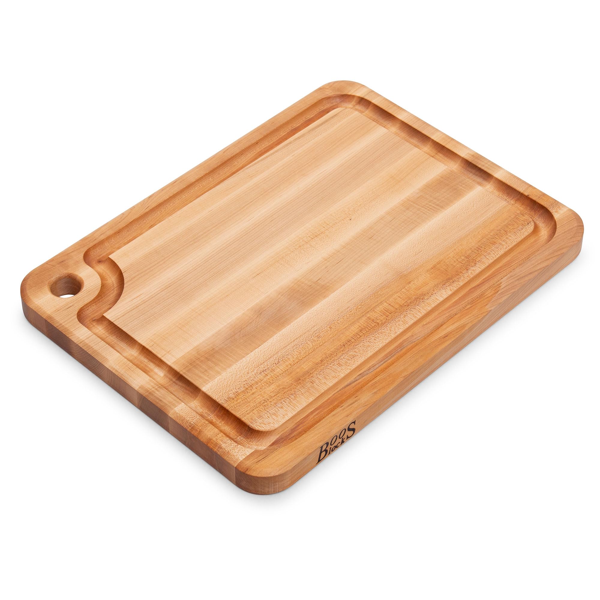 John Boos Prestige Series Rectangular Wooden Maple Cutting Board 20”x15” – 1.25” Thick, 10-lb Reversible Butcher Block with Juice Groove, Edge-Grain & Finger Grip Hole – Made in the USA