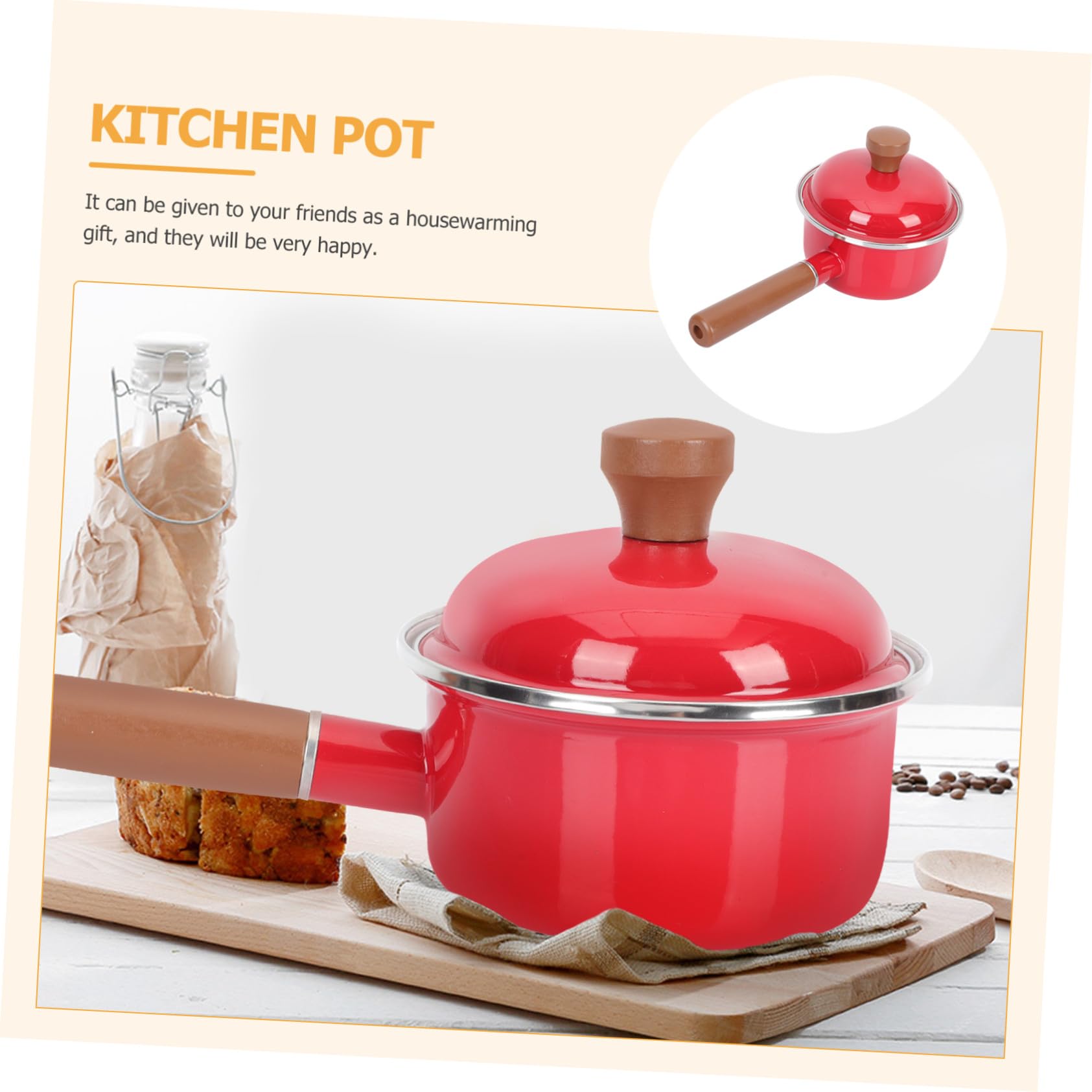 iplusmile Olla De Leche Esmaltada Roja 16 Cm Asa, Material Grueso Antiadherente, Compatible Inducción y Gas, Para Cocinar Leche y Alimentos Infantiles, Utensilio De Cocina Práctico