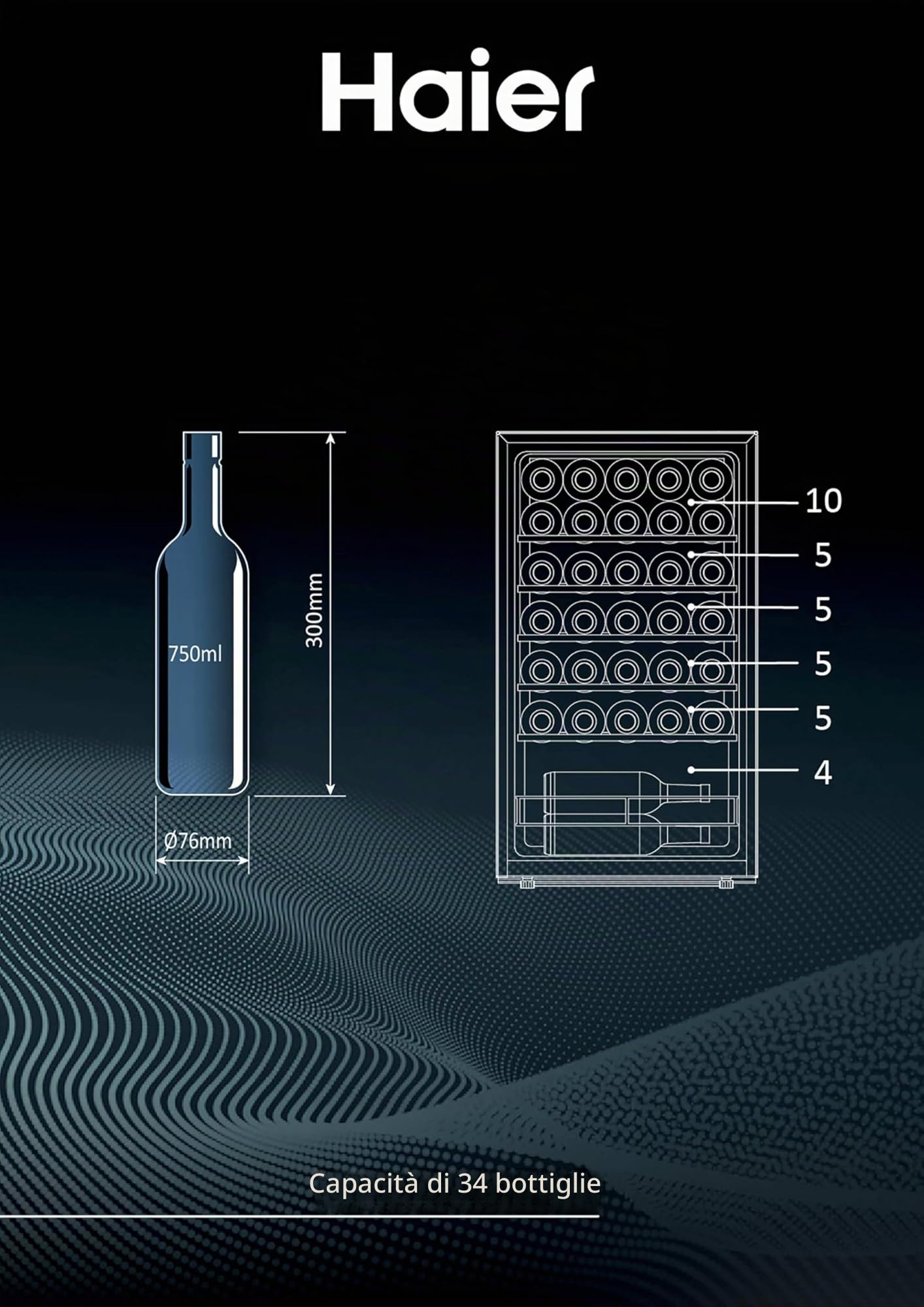 Haier Cantina Vino, Wine Bank 50 Serie 3, 34 bottiglie, 37 dB, Connessa, Vetro Anti-UV, Monozona, Classe G, AxLxP 85x47,5x45,6 cm, Nero - HWS34GGH1